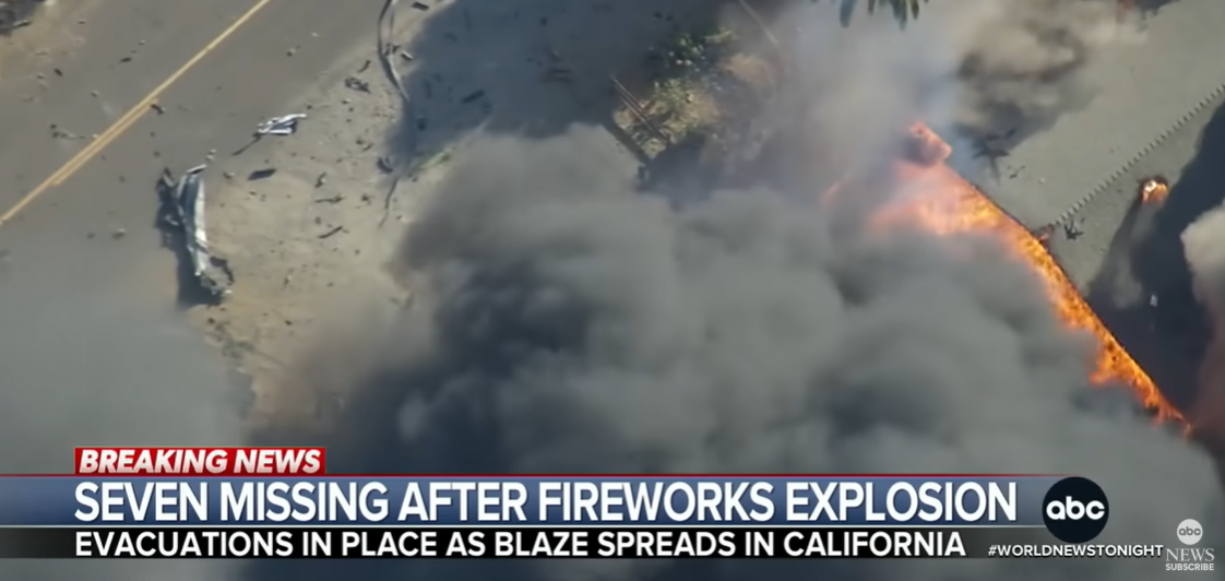 Thick smoke and flames billow from the scene of the explosion at a fireworks facility in Esparto, California | Source: YouTube/ABCNews