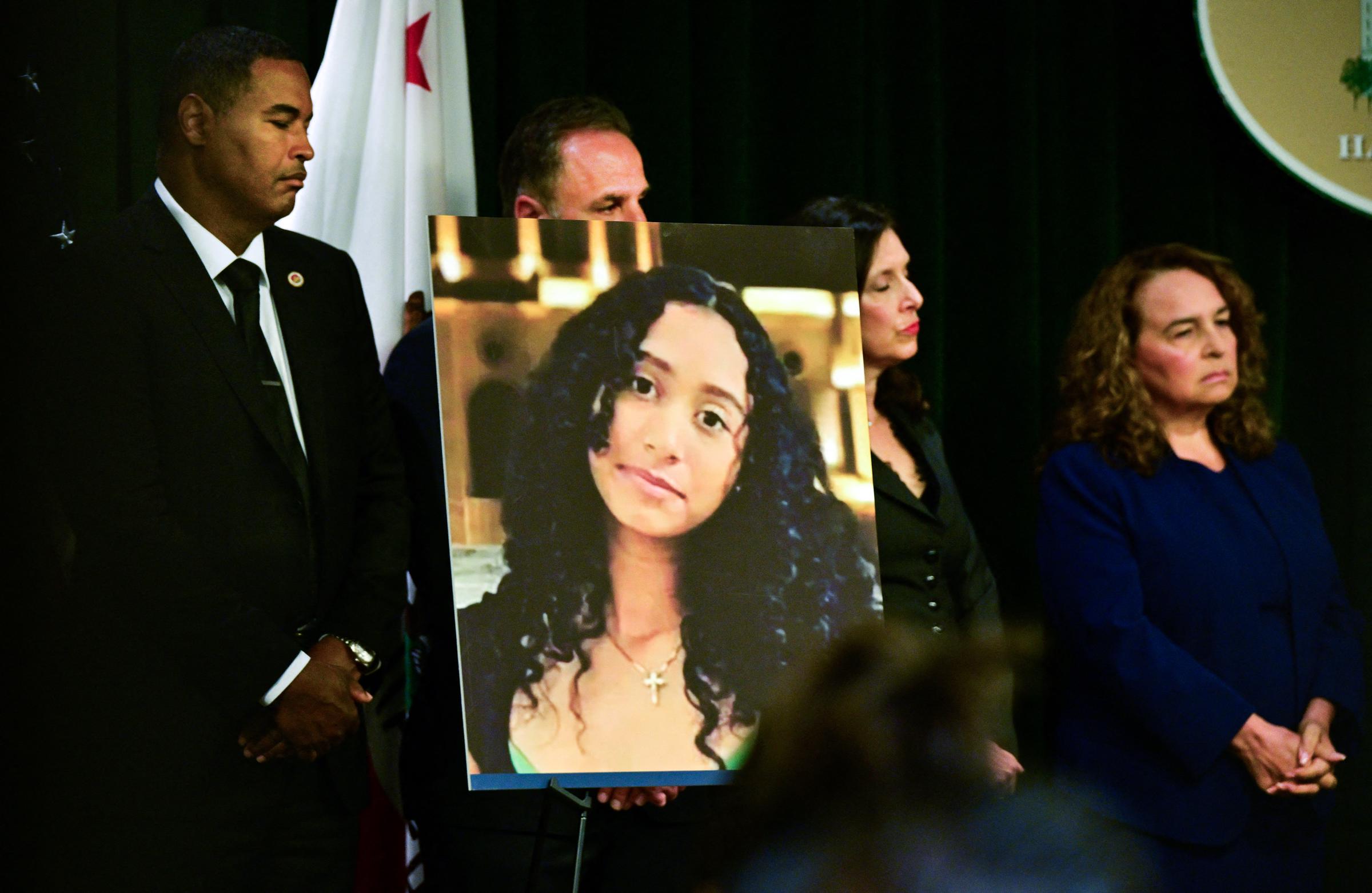 A portrait of Celeste Rivas Hernandez is displayed during a press briefing in Los Angeles on April 20, 2026 | Source: Getty Images