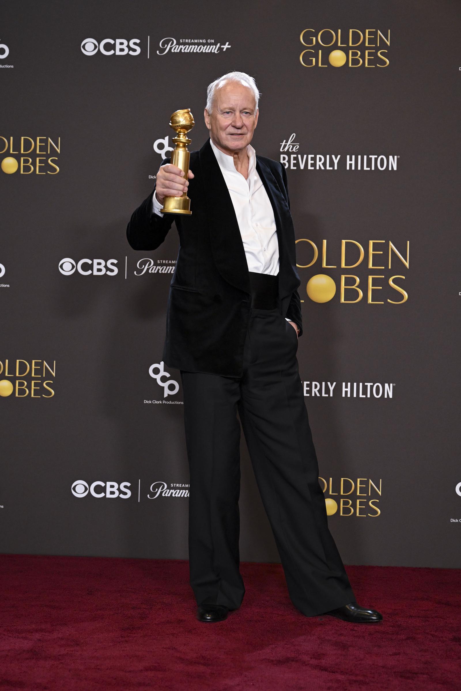 Stellan Skarsgård accepts the Golden Globe for Best Supporting Actor in a Motion Picture for "Sentimental Value" at the 83rd Golden Globe Awards on January 11, 2025 in California. | Source: Getty Images