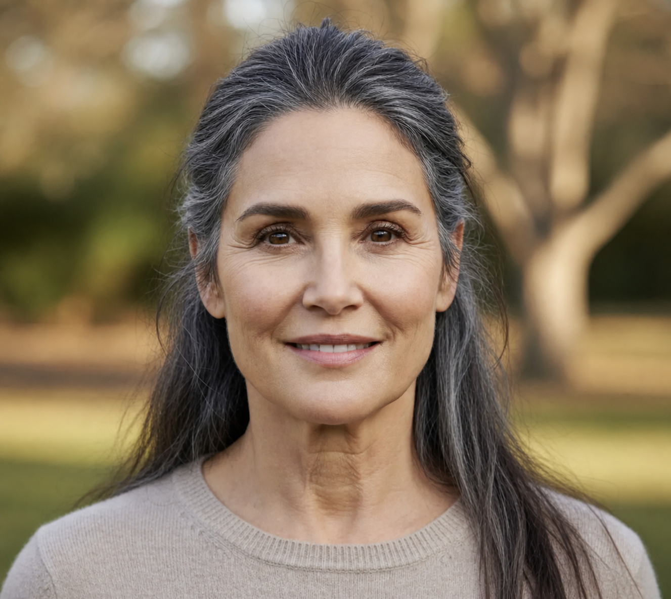 AI‑generated depiction of Demi Moore imagined without surgical enhancements — her natural silver hair and serene expression reflect timeless beauty against a soft, outdoor backdrop. | Source: ChatGPT