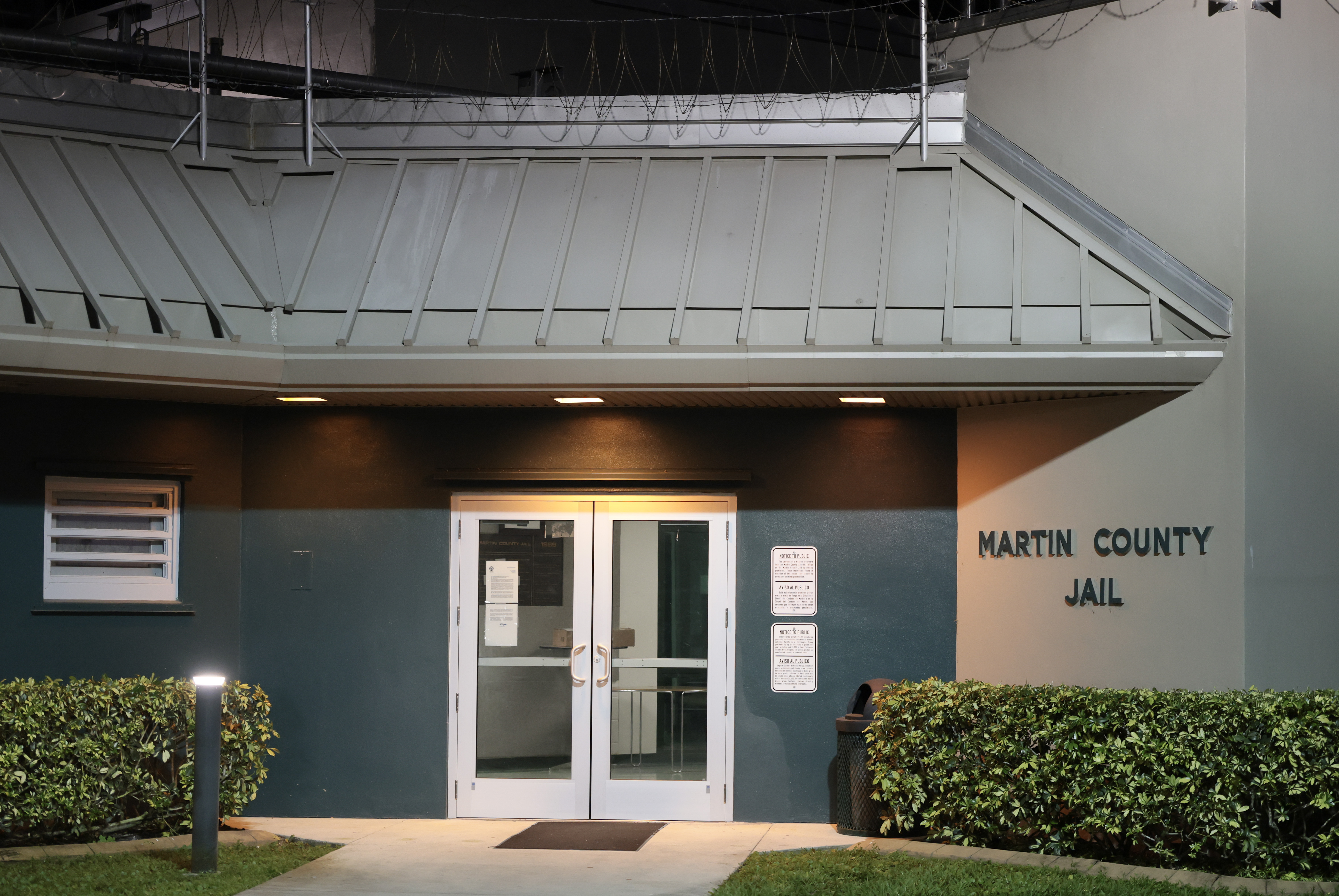 The front entrance to the Martin County Jail is seen where golfer Tiger Woods is being held in Stuart, Florida on March 27, 2026.