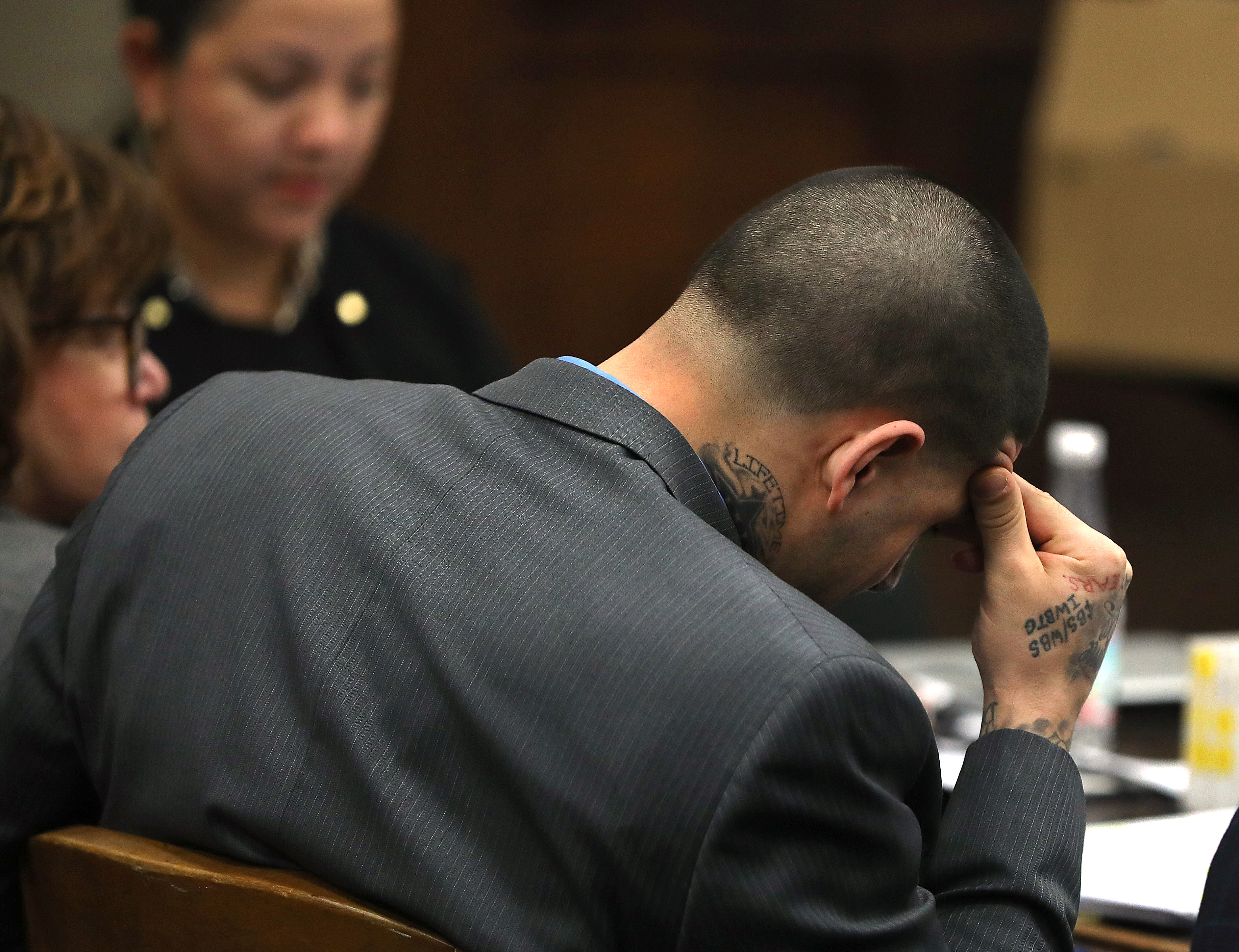 Aaron Hernandez during his double murder trial in Suffolk Superior Court in Boston, Massachusetts, on April 4, 2017. | Source: Getty Images