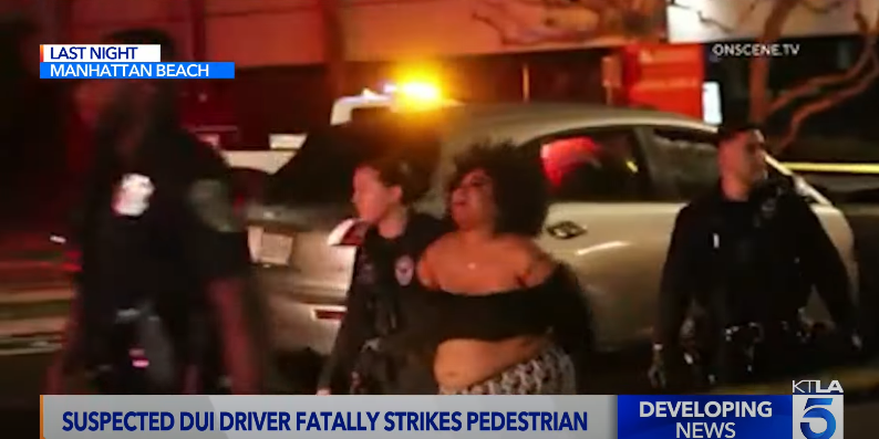 Officers arresting Jenia Belt on charges of DUI and murder, dated May 5, 2025 | Source: Youtube/KTLA 5
