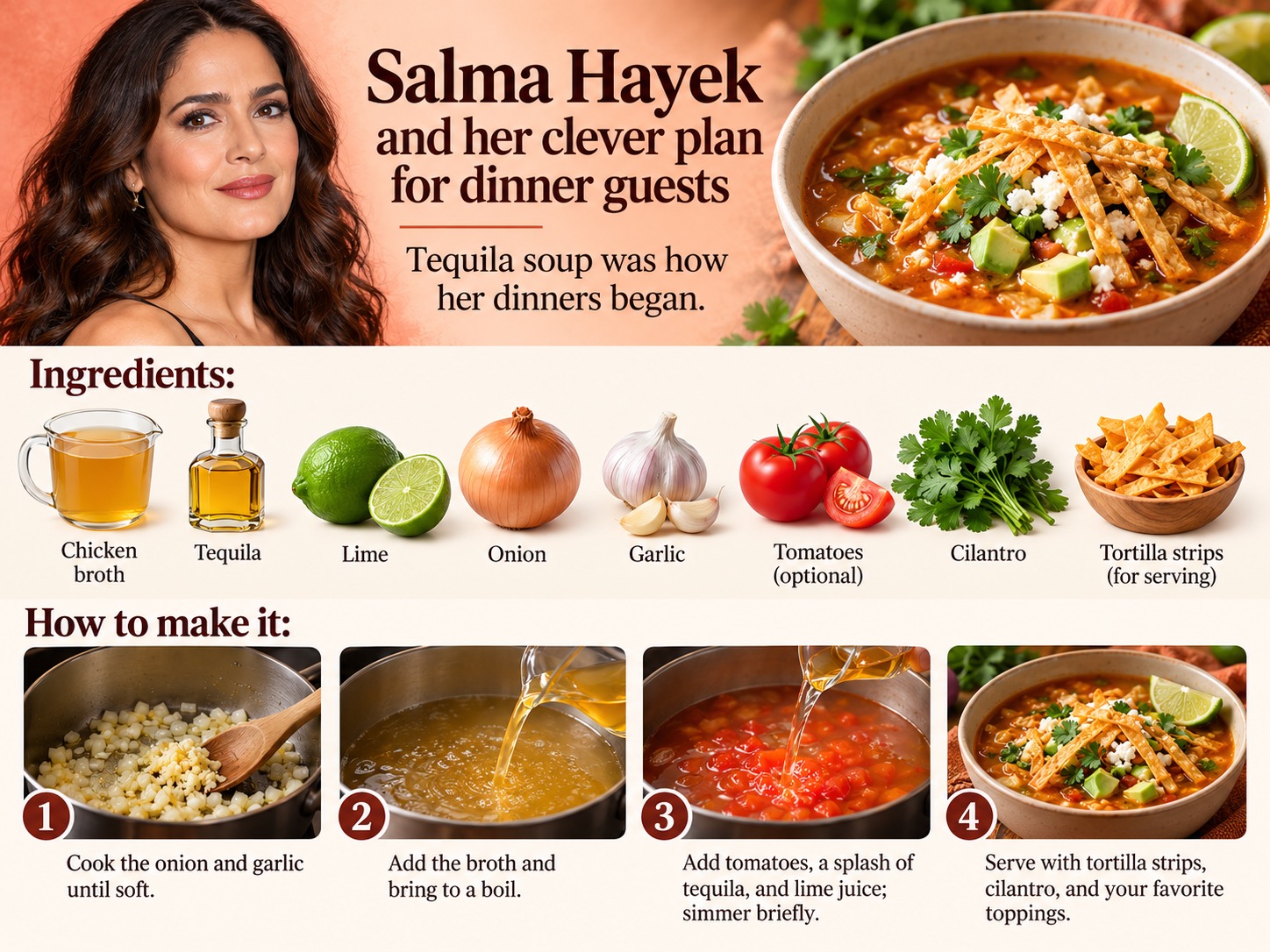This illustrated recipe shows how to prepare a warm, flavorful soup with chicken broth, lime, and a splash of tequila. Onions, garlic, tomatoes, and fresh toppings offer an optional twist on Salma Hayek's original three-ingredient idea. | Source: AI-generated illustration.