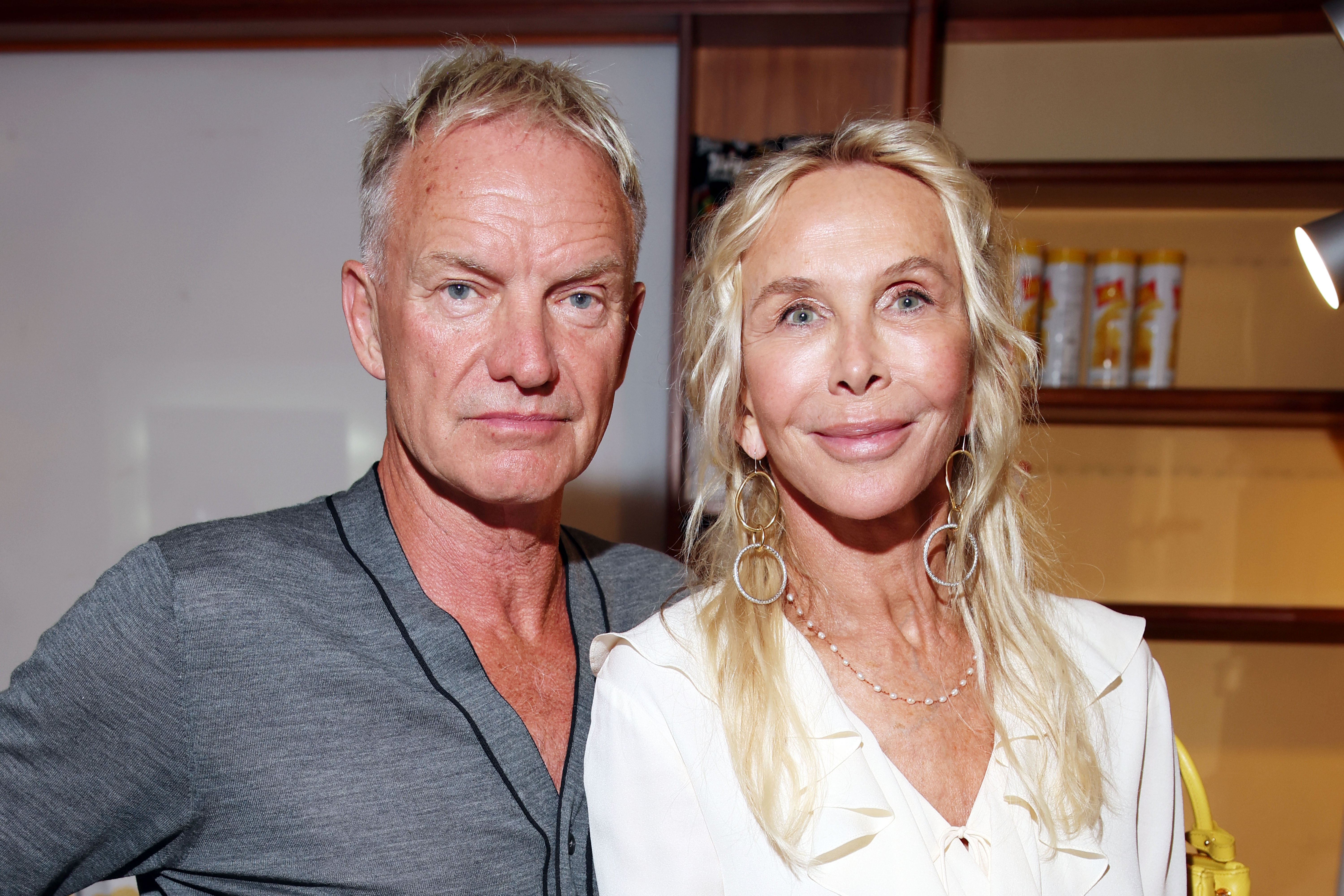Trudie Styler, at 70, showed a smooth, soft-focus complexion, prominent lines extending from the outer eye corners, and a distinctive gentle curve to her lips that emphasized her smile lines, while attending the Ischia Global Festival 2024 with Sting on July 07, 2024, in Ischia, Italy.