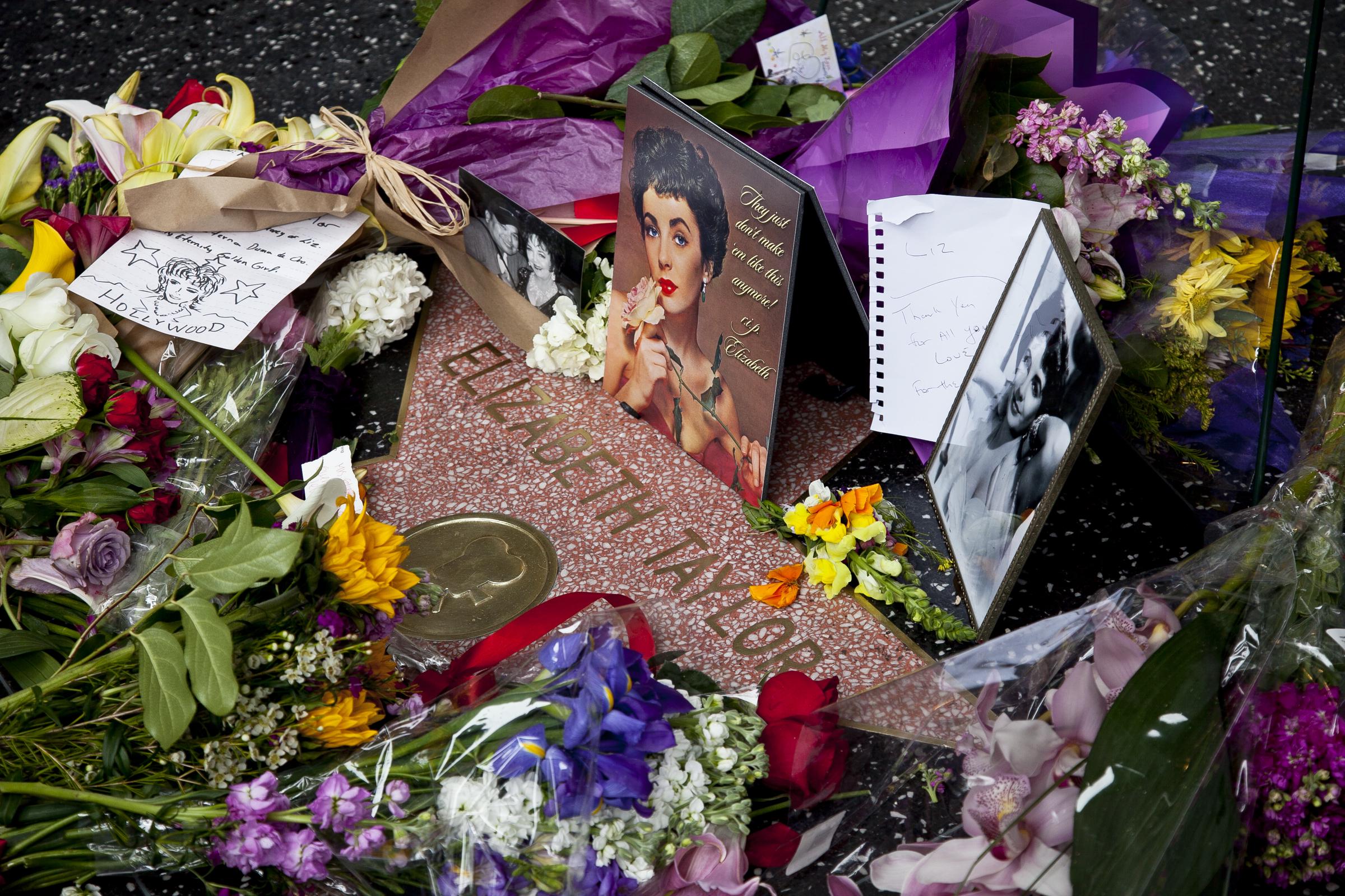 Iris flowers and a purple flower wreath are placed on the Hollywood Walk of Fame star for Elizabeth Taylor on March 23, 2011, after she died from congestive heart failure at Cedars-Sinai hospital | Source: Getty Images