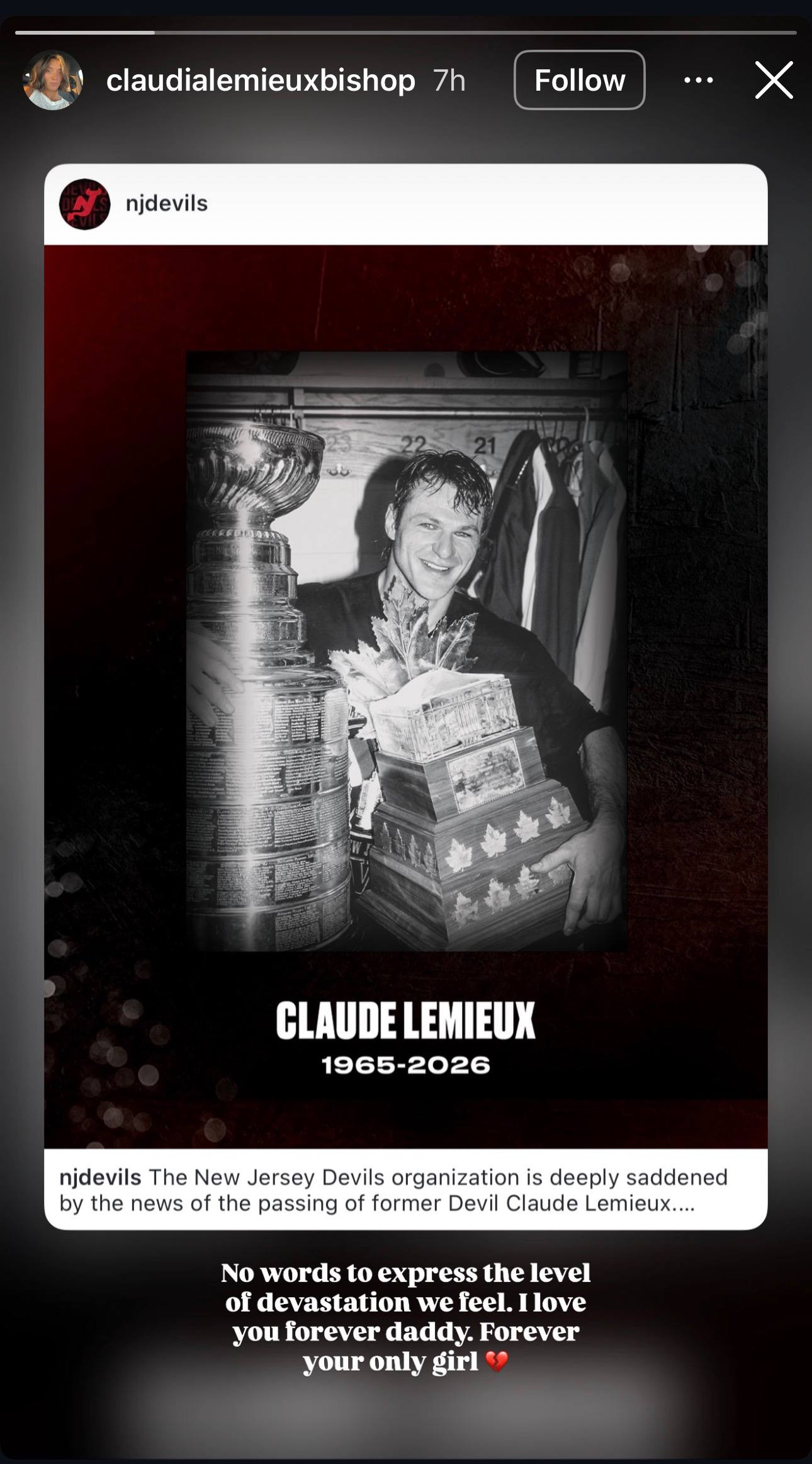 A smiling Claude Lemieux poses with the Stanley Cup and other championship hardware following one of his greatest career achievements. | Source: Instagram Story/claudialemieuxbishop