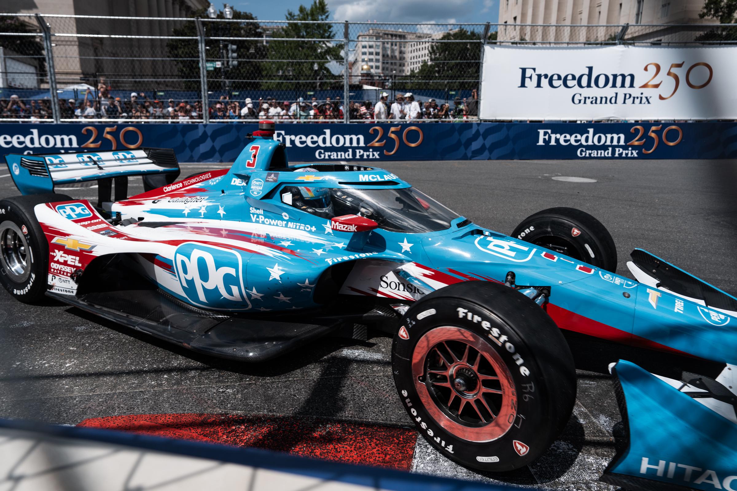 Melania Trump wore a crisp outfit. In this photo, Scott McLaughlin turned onto 7th Street in the #3 PPG Team Penske Chevrolet during the Freedom 250 Grand Prix on August 23, 2026, in Washington, D.C. | Source: Getty Images