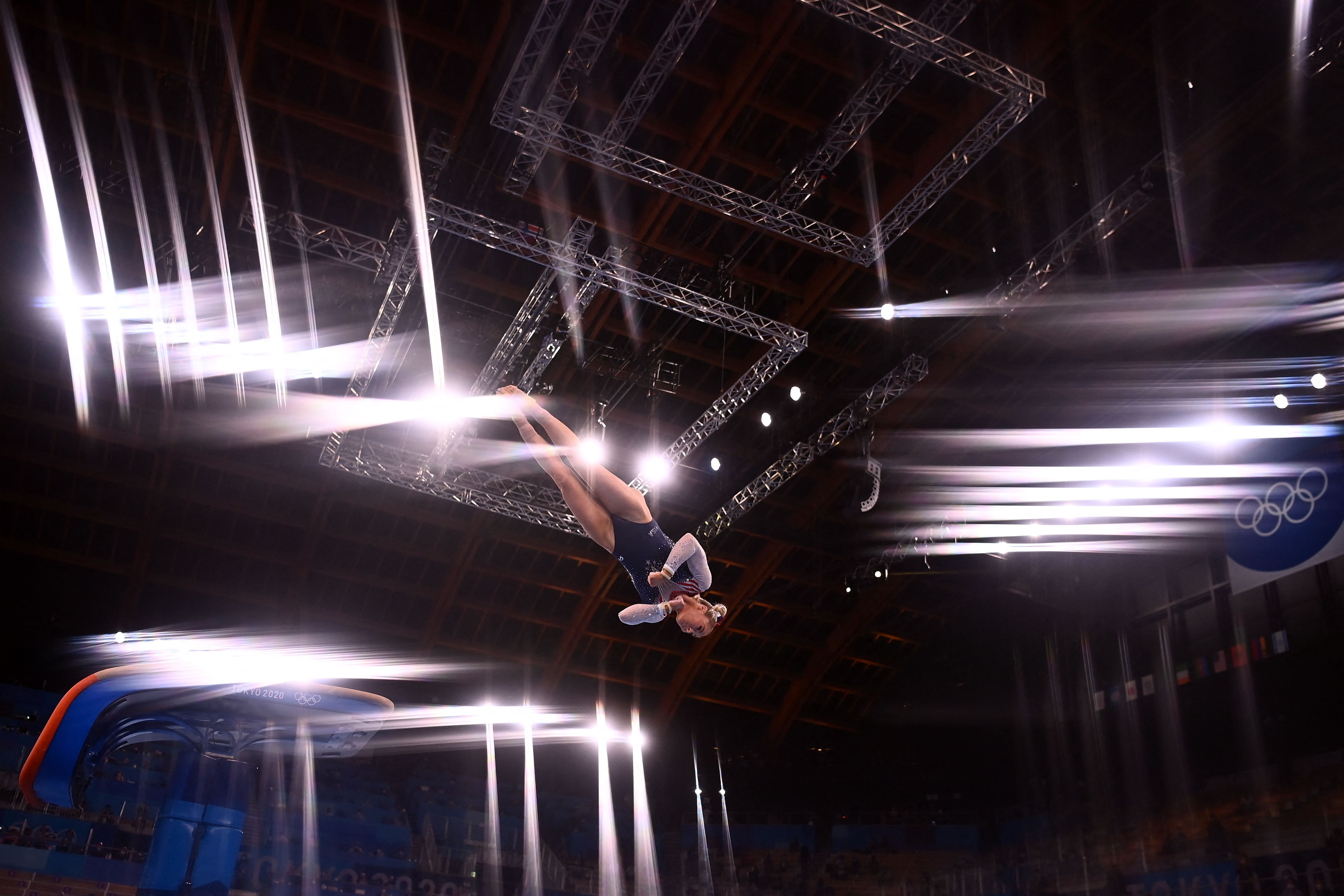 Mykayla Skinner in the air during the Tokyo 2020 Olympic Games at the Ariake Gymnastics Centre in Tokyo on August 1, 2021 | Source: Getty Images