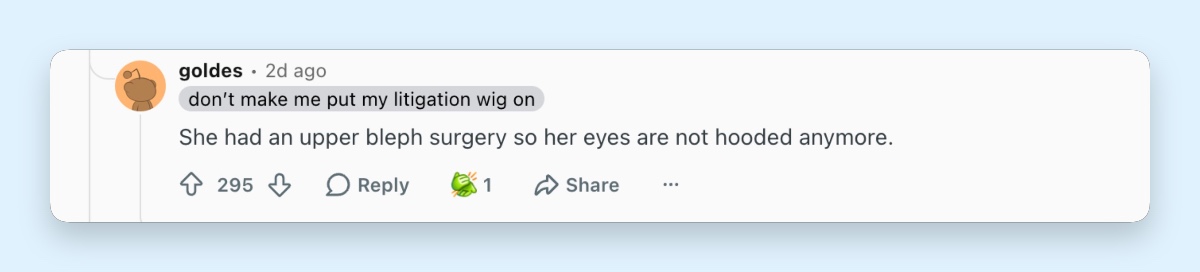 A Reddit user speculated that Lawrence had undergone upper eyelid surgery, although the claim was not supported by any confirmed medical information. | Source: Reddit/ r/popculturechat