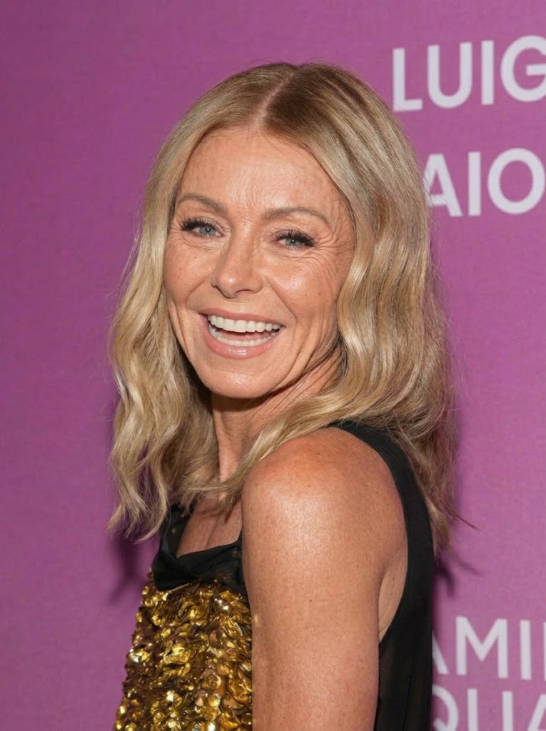 A smiling Kelly Ripa appears with deeper lines around her eyes, forehead, and mouth in this AI-generated transformation, offering one final imagined look at the television star at 56 without the Botox treatments she has relied on for years. | Source: Gemini
