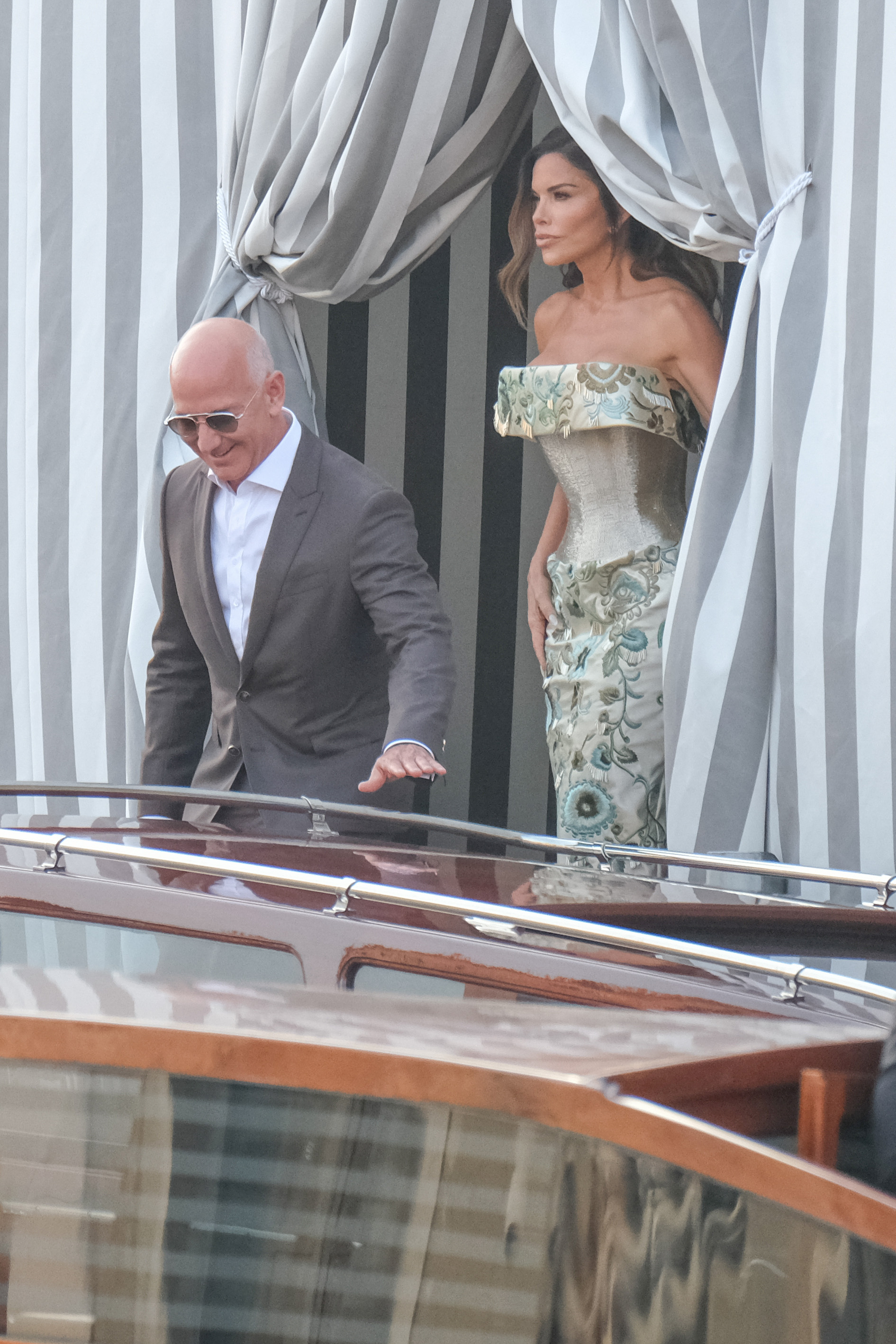 Lauren Sánchez and Jeff Bezos exiting the Aman Hotel to attend a pre-wedding dinner on June 26, 2025, in Venice, Italy | Source: Getty Images