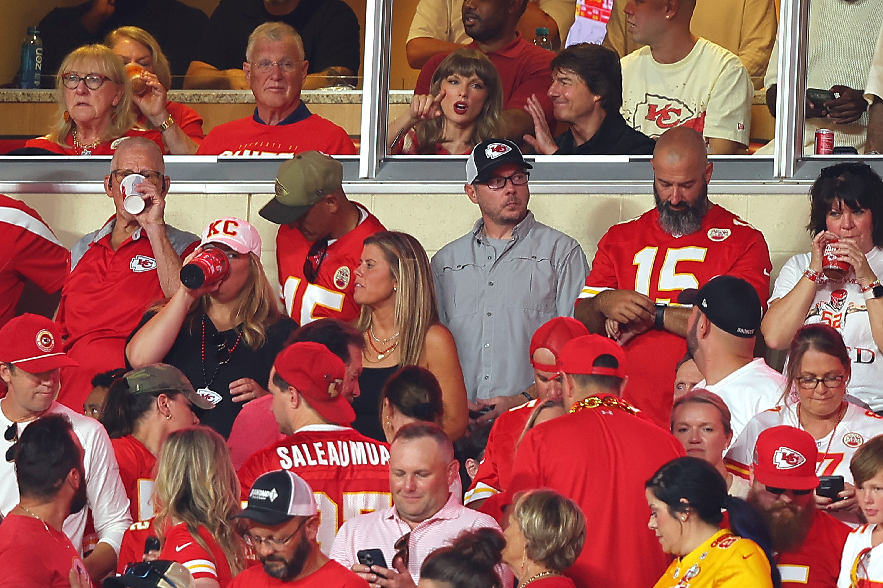 Singer Taylor Swift gestures from a VIP suite during the Kansas City Chiefs game against the Denver Broncos at Arrowhead Stadium on September 14, 2026, in Kansas City, Missouri. | Photo by David Eulitt/Getty Images
