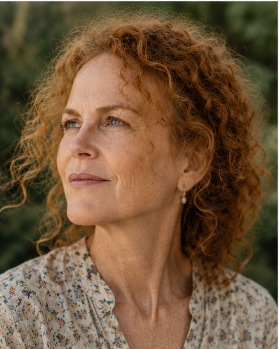 Looking upward, her profile highlights the natural, graceful loss of elasticity in the neck and jawline, paired with soft forehead creases that ground her image in an authentic reality rather than red-carpet preservation. | Source: Midjourney