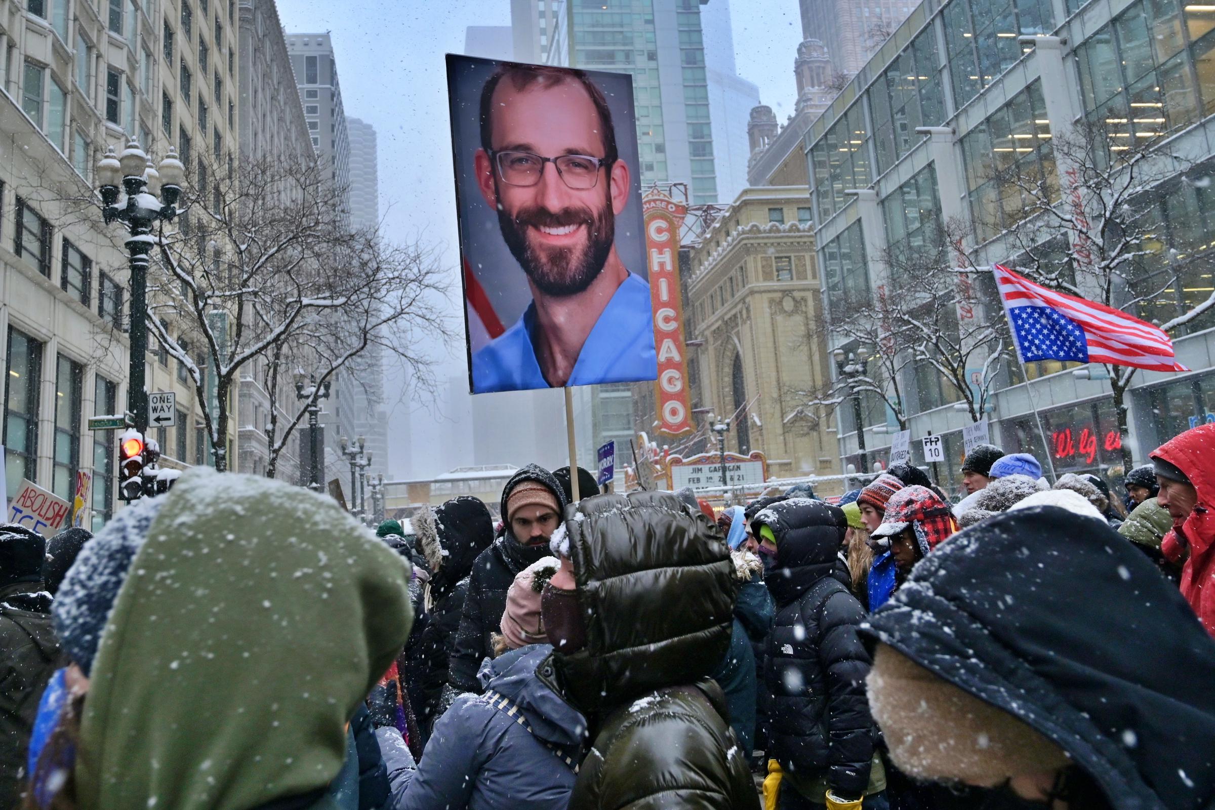 Demonstrators gather on Michigan Avenue during a heavy snowstorm to protest against U.S. Immigration and Customs Enforcement (ICE) and Customs and Border Protection (CBP) following the death of Alex Pretti on January 25, 2026, in Chicago, Illinois | Source: Getty Images