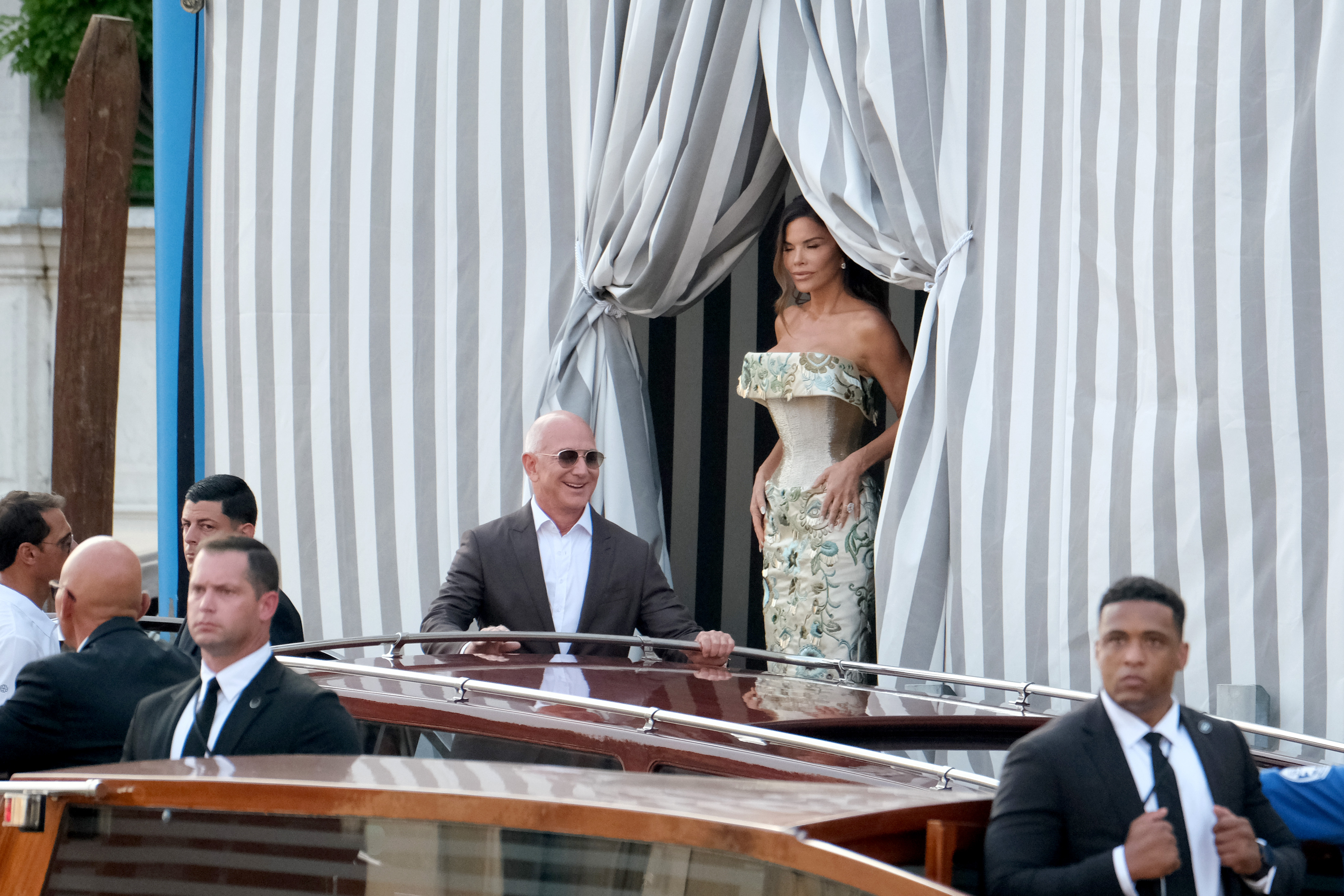 Jeff Bezos and Lauren Sanchez are seen leaving the Aman Hotel June 26, 2025, in Venice, Italy. | Source: Getty Images