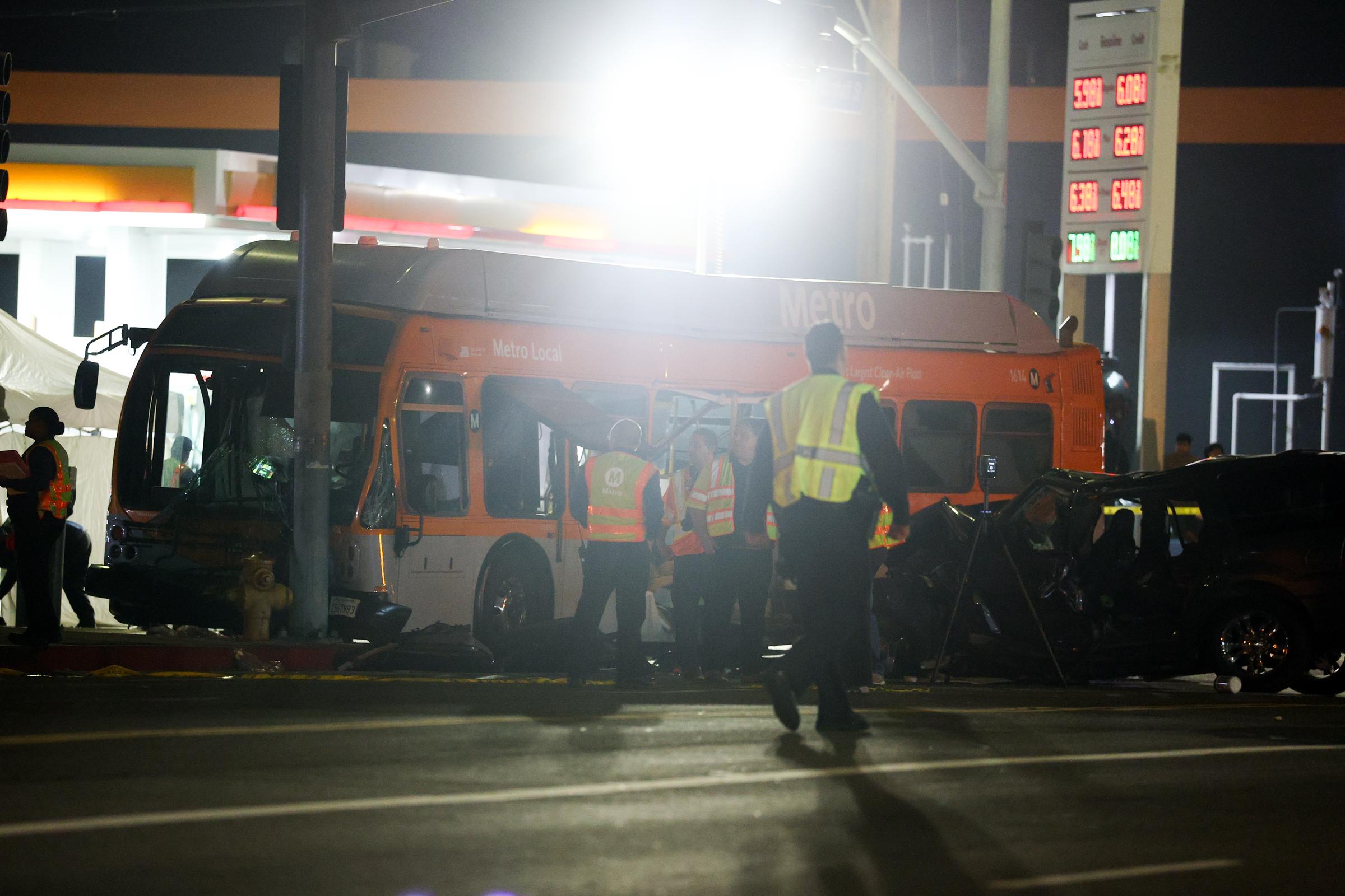 Emergency crews respond to a deadly Metro bus collision in Chatsworth, Los Angeles, on Tuesday evening, shortly before the NBC4 news helicopter crashed nearby. | Source: Getty Images