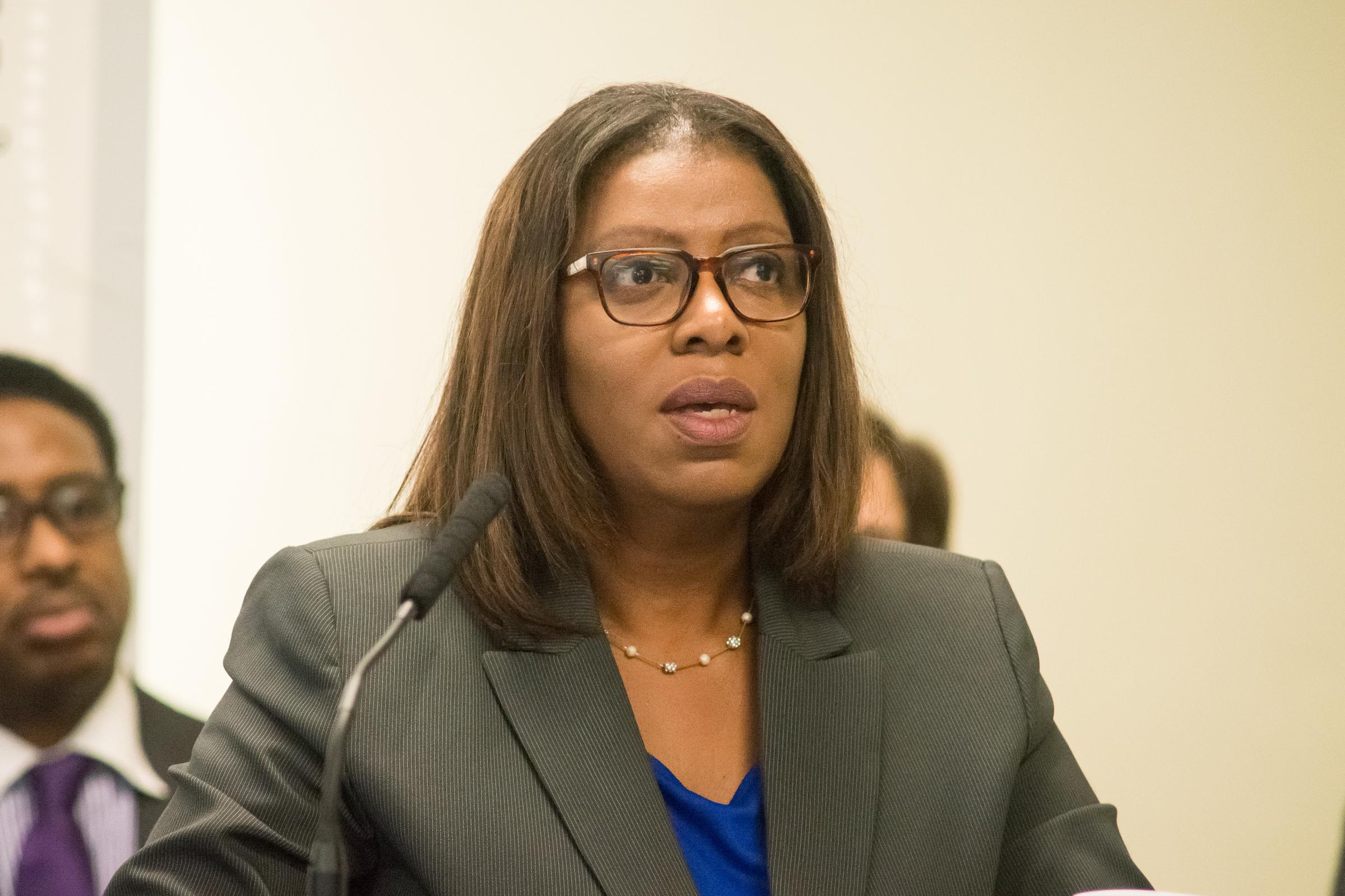 NYC Public Advocate Letitia James speaks at a press conference with Mayor Bill de Blasio and city officials at the Manhattan Family Justice Center on October 26, 2016. | Source: Getty Images