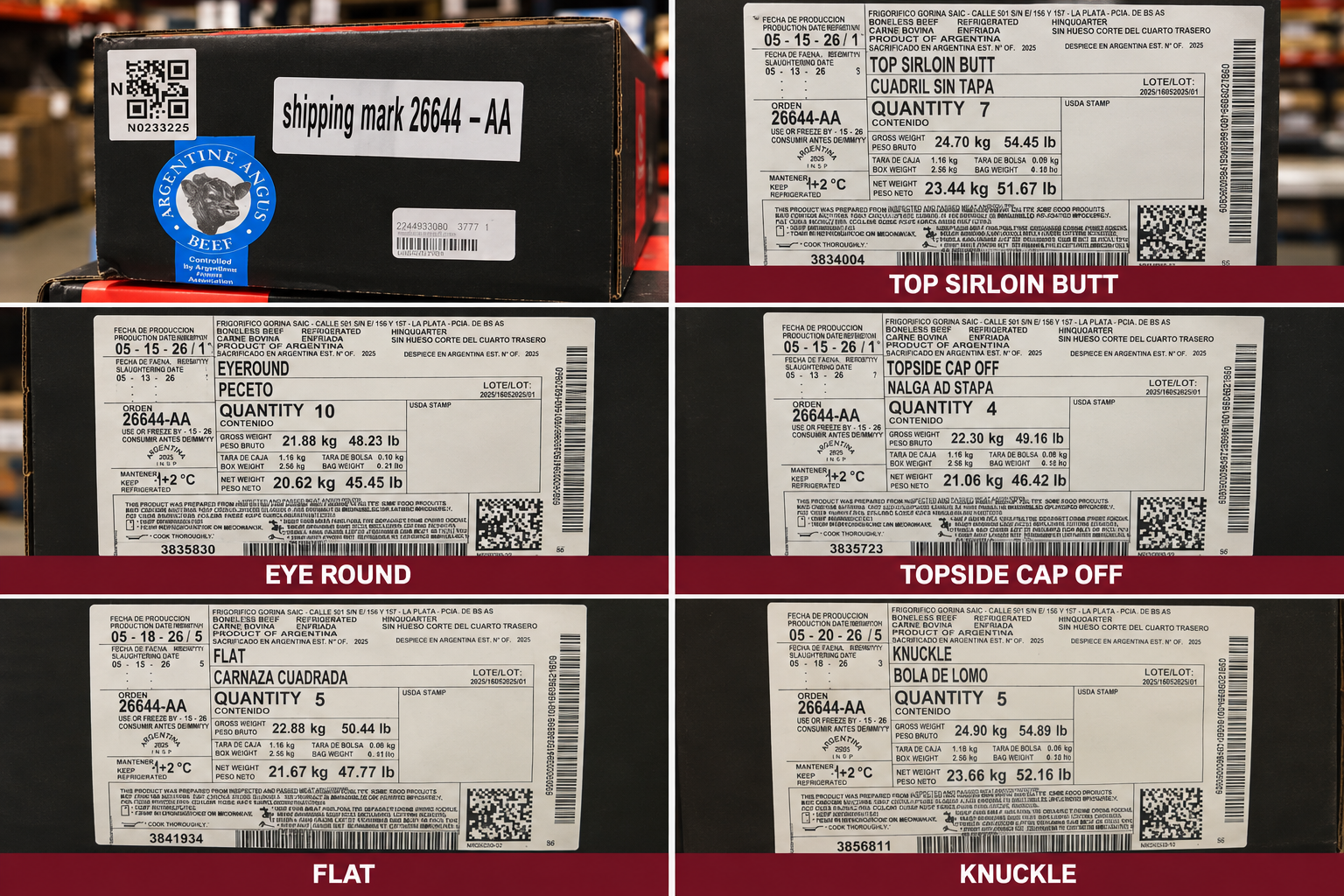 Labels for raw beef products included in the August 2026 Corte Argentino USA LLC recall, showing the recalled cuts and shipping mark "26644-AA." | Source: ChatGPT and fsis.usda.gov