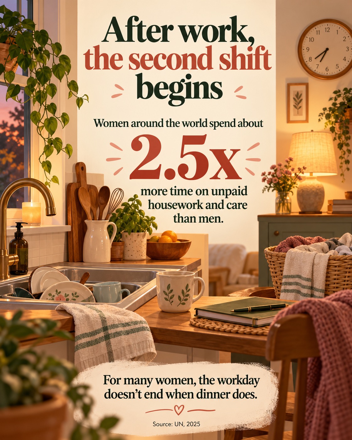 For many women, evenings mean another round of cooking, cleaning, and caring for the family, even after a full day of work. | Data source: United Nations, 2025 | Illustration: AI-generated.