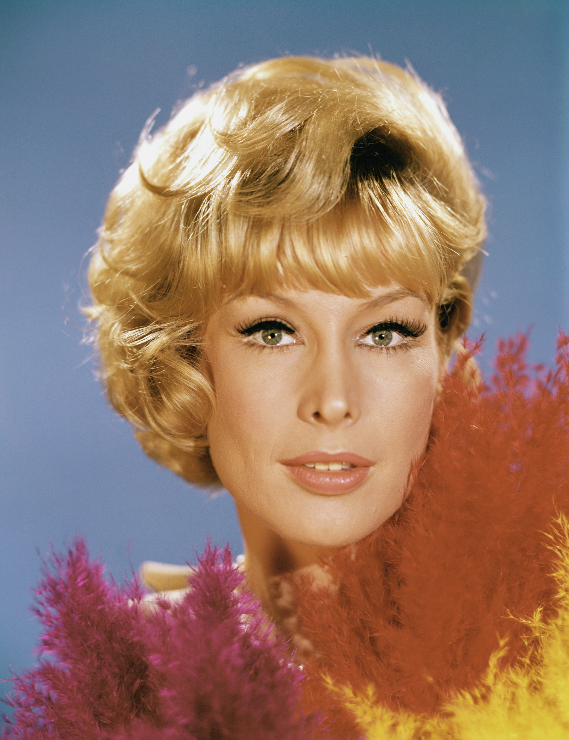 Barbara Eden appears as Jeannie with a polished blond bob, dramatic eye makeup, and colorful feathers framing her face in this "I Dream of Jeannie" Season one portrait. | Source: Getty Images