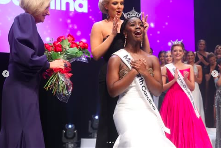 Carrie Everett getting emotional as she is crowned. | Source: Instagram/missamericanc and simplyxcarriee