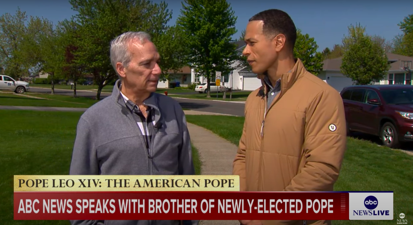 Pope Leo's brother, John Prevost, chatting with ABC News reporter Alex Perez about the childhood story, posted on May 8, 2025. | Source: YouTube/ABC News