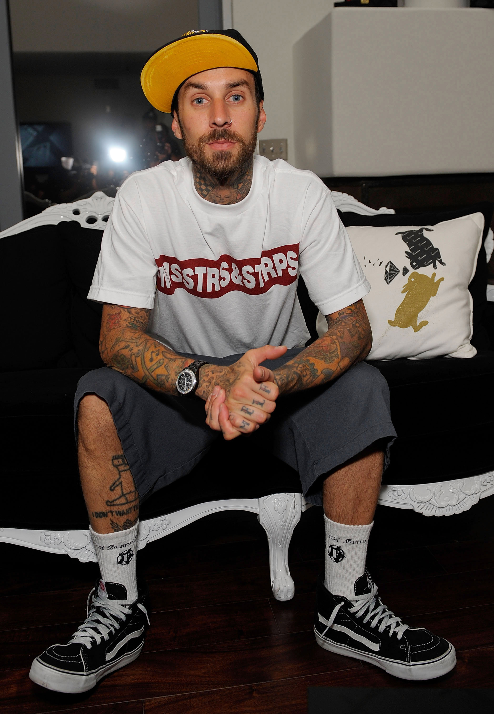 Travis Barker poses at the party for his New Era Cap at the Zune LA House in Los Angeles, California, on July 8, 2008. | Source: Getty Images