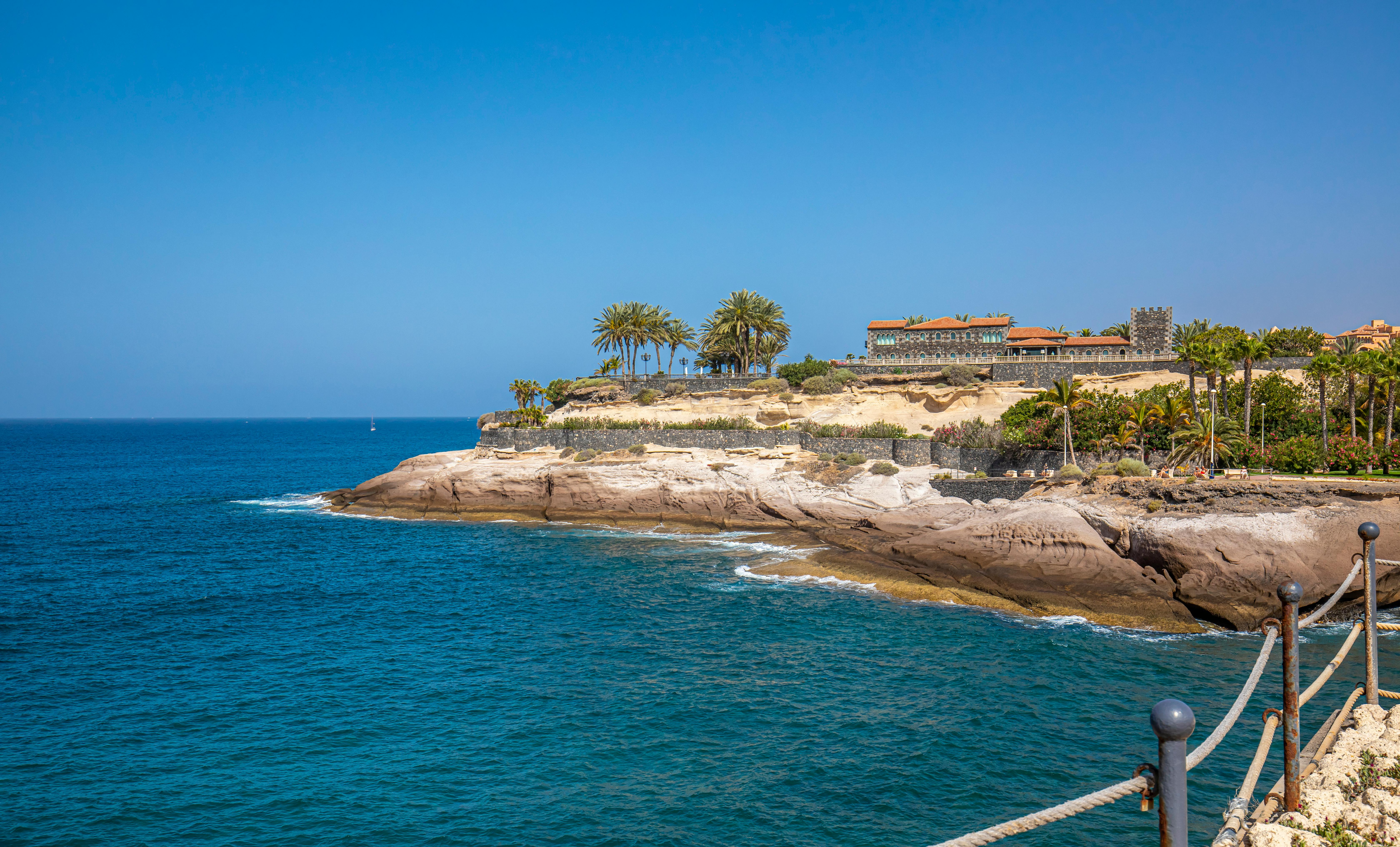 Beachfront and coastline of Costa Adeje, Tenerife, featuring tall palm trees and rough-hewn stone walls. | Source: Pexels