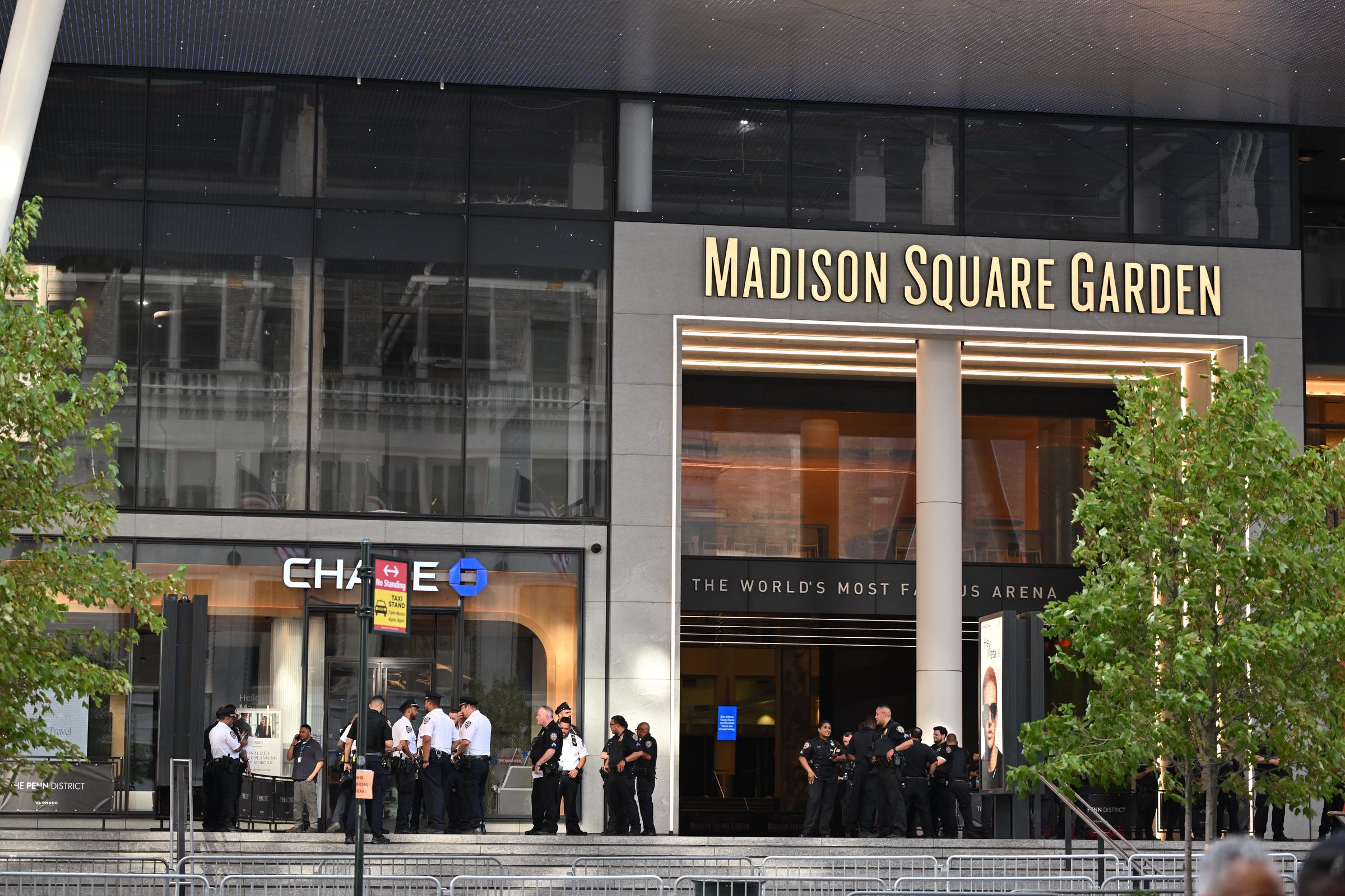 Police stood guard outside Madison Square Garden, which is a wedding venue unlike any other, as reports circulated that Taylor Swift and Travis Kelce would be celebrating their wedding in the area. As seen in this photo, they stood outside the venue on July 3, 2026, in New York City, New York. | Source: Getty Images