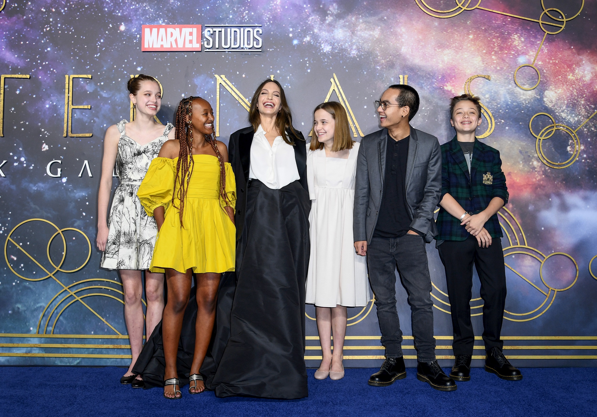 Angelina Jolie and her children Shiloh, Zahara, Vivienne, Maddox, and Knox Jolie-Pitt attending the UK Gala screening of Marvel Studios' "Eternals" at BFI IMAX Waterloo on October 27, 2021, in London, England | Source: Getty Images