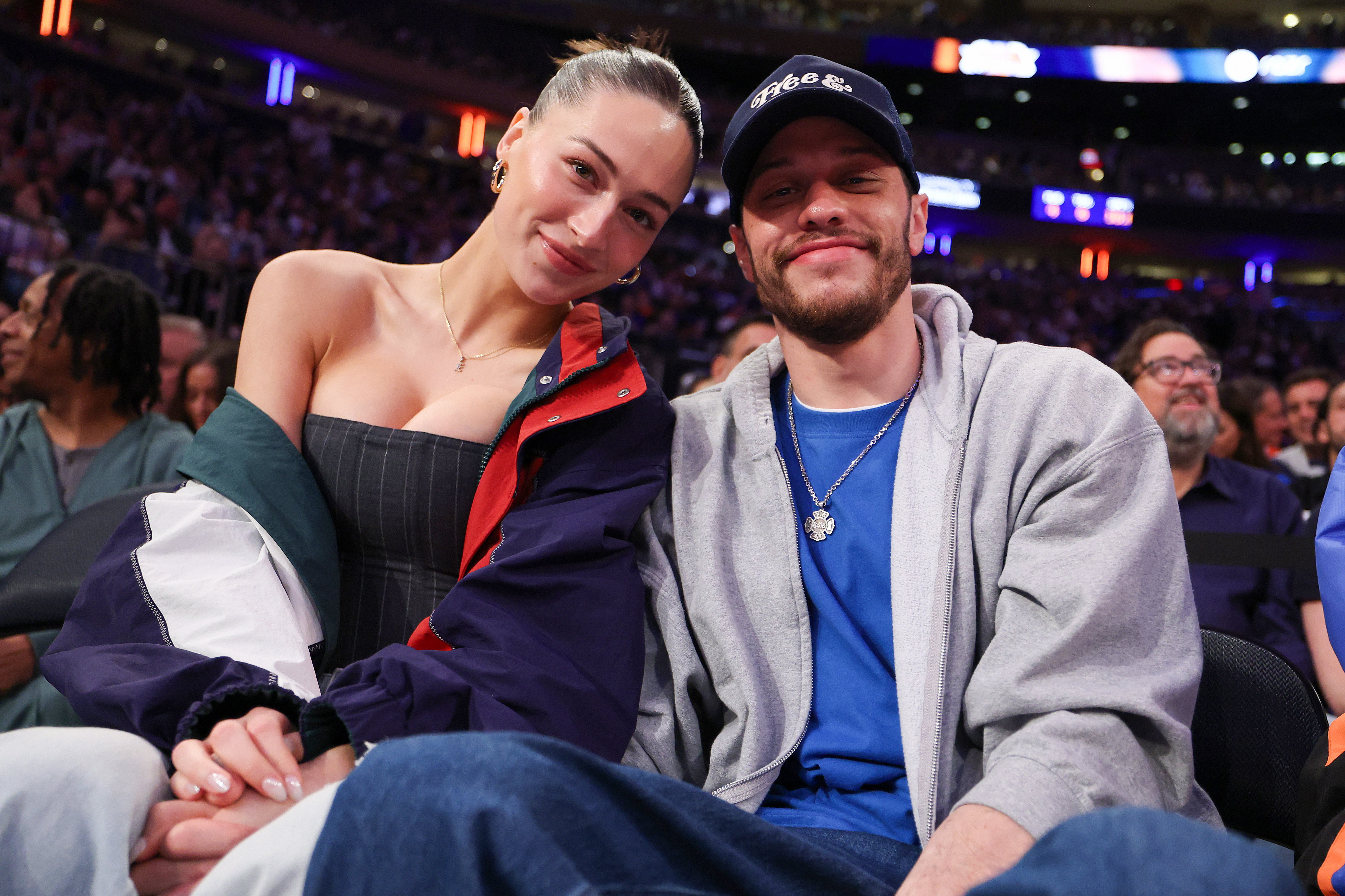 Pete Davidson and his girlfriend Elsie Hewitt at the game between the New York Knicks and the Phoenix Suns at Madison Square Garden in New York City on April 06, 2025 | Source: Getty Images