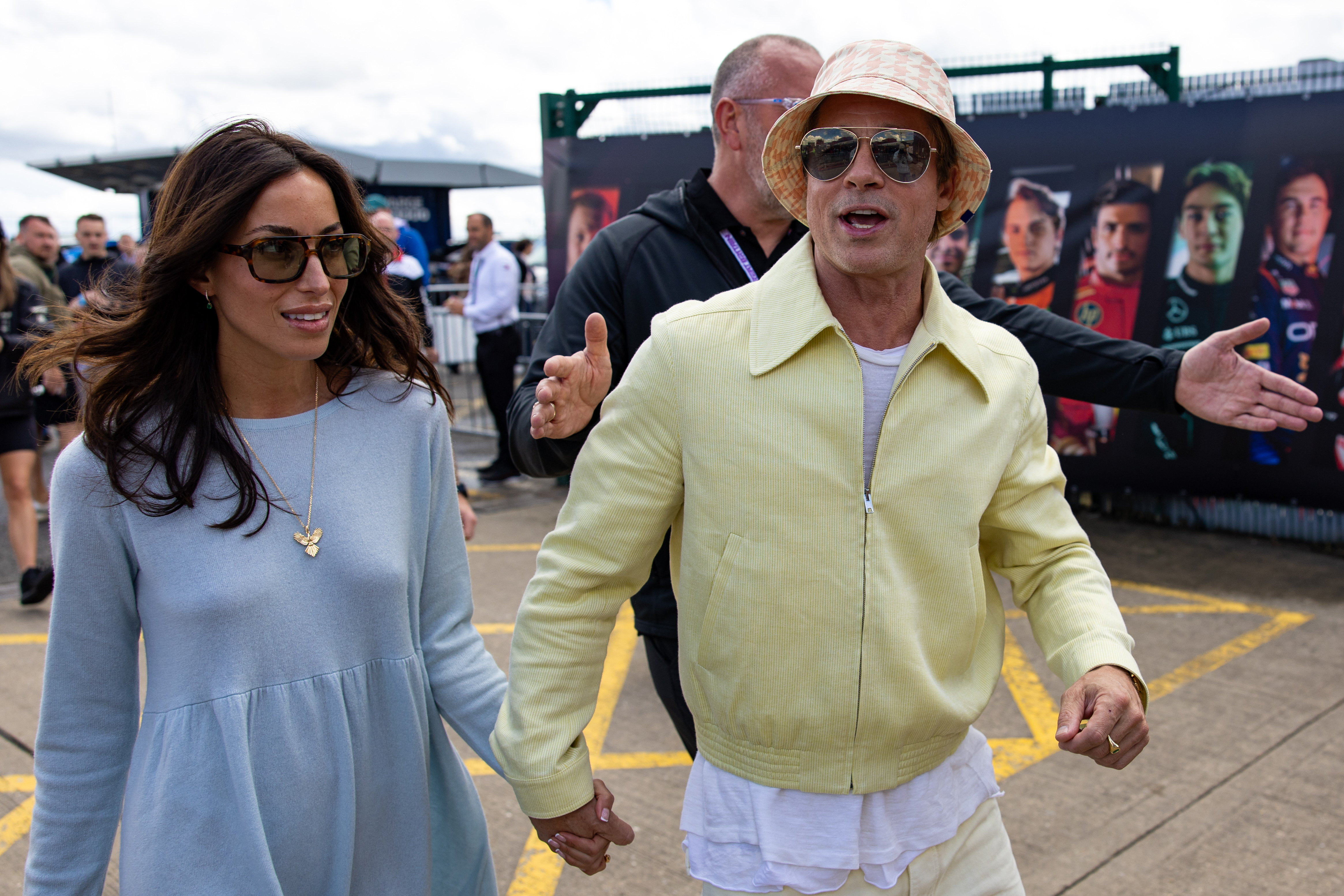 Ines de Ramon and Brad Pitt at the F1 Grand Prix of Great Britain in Northampton, UK on July 7, 2024. | Source: Getty Images