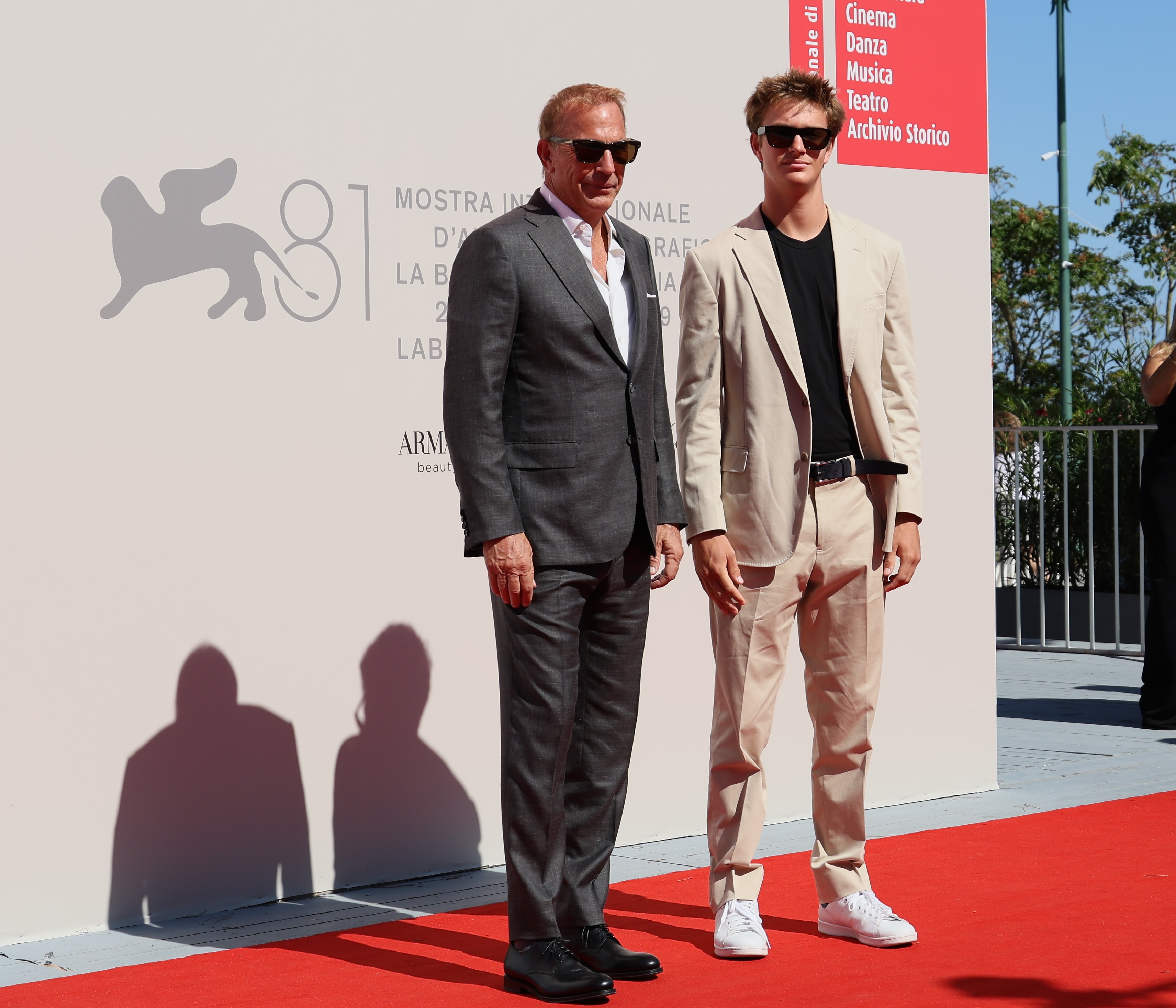 Kevin and Cayden Wyatt Costner attend the red carpet of the movie "Horizon: an American Saga'"(Chapter 2) during the 81st International Venice Film Festival at Venice Lido, on September 7, 2024 | Source: Getty Images
