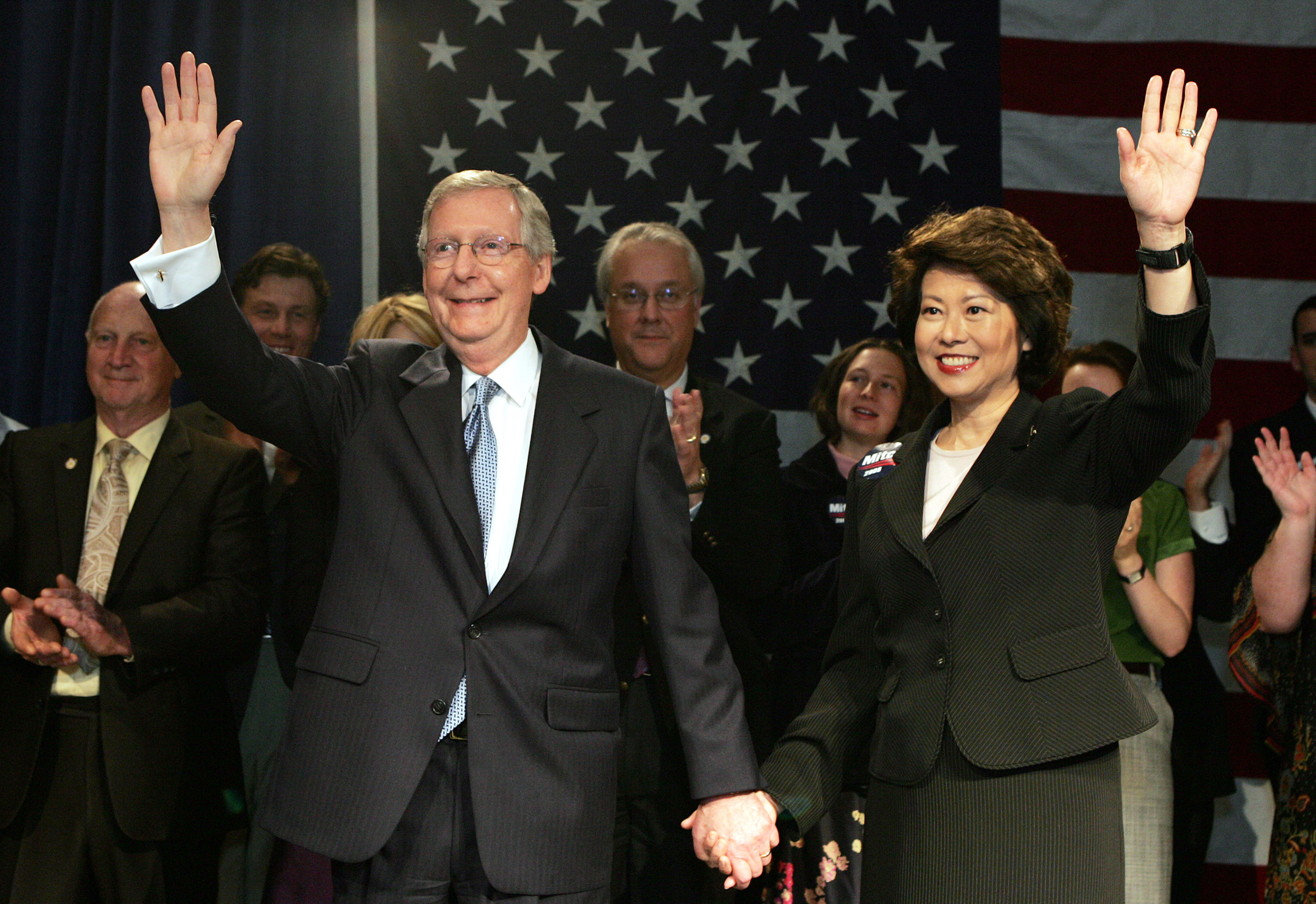 Mitch McConnell and Elaine Chao during an election night rally in Louisville, Kentucky on November 4, 2008. | Source: Getty Images