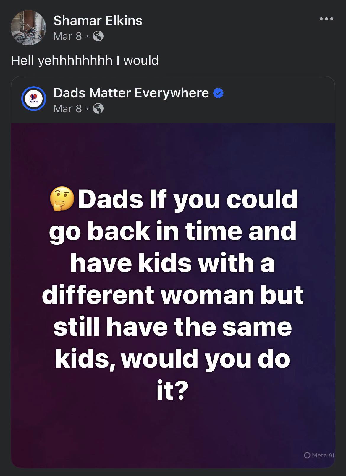 A screenshot of a March 8, 2026, Facebook post by Shamar Elkins shows him responding to a prompt about having children with a different partner while keeping the same kids. | Source: Facebook/Shamar Elkins
