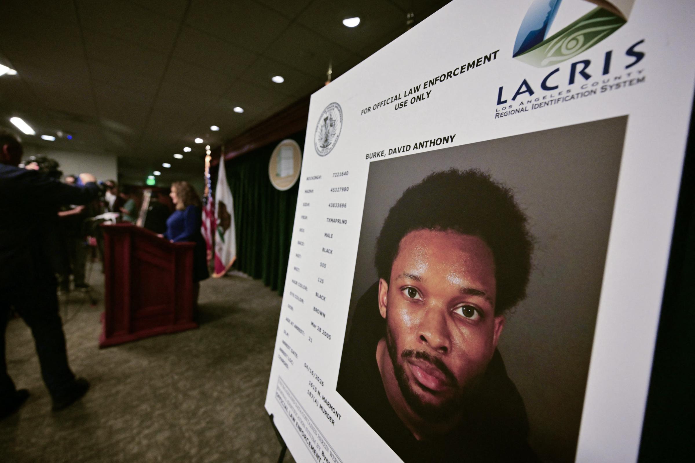 A picture of singer D4vd is seen during a press briefing on the case against him in Los Angeles on April 20, 2026. | Source: Getty Images