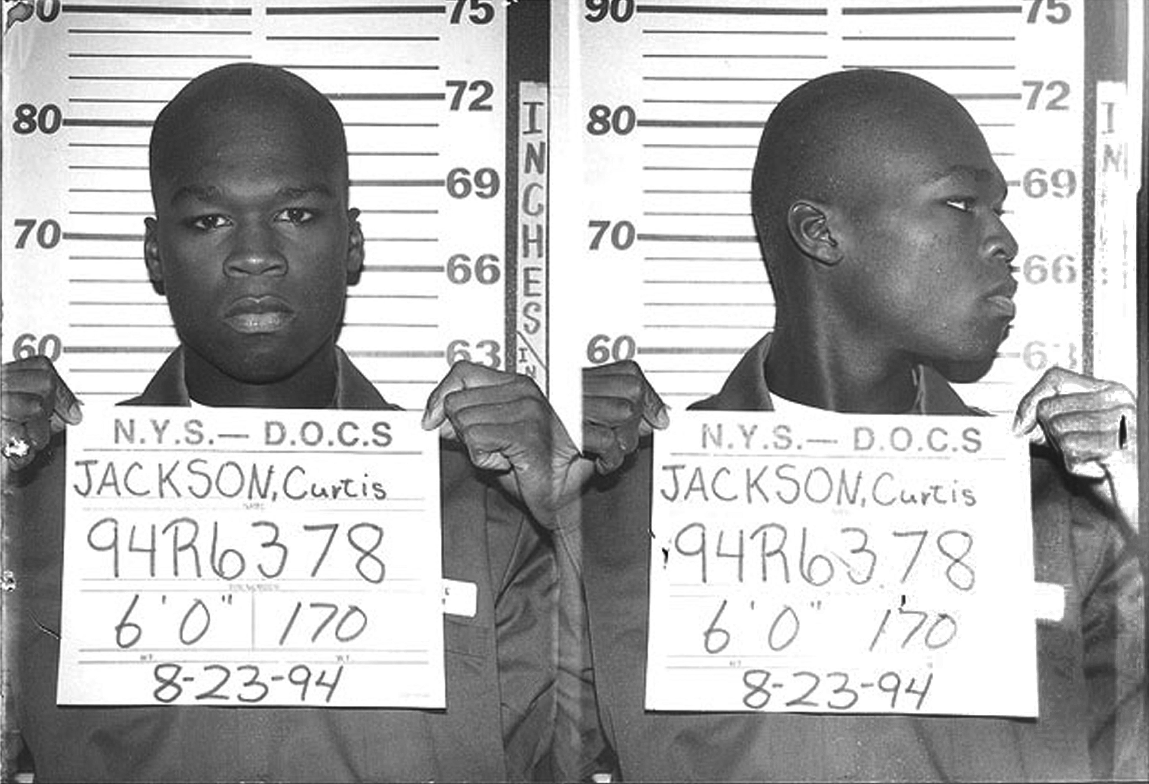 50 Cent's mugshot taken while he was serving time at New York State Department of Correctional Services in New York on August 23, 1994. | Source: Getty Images