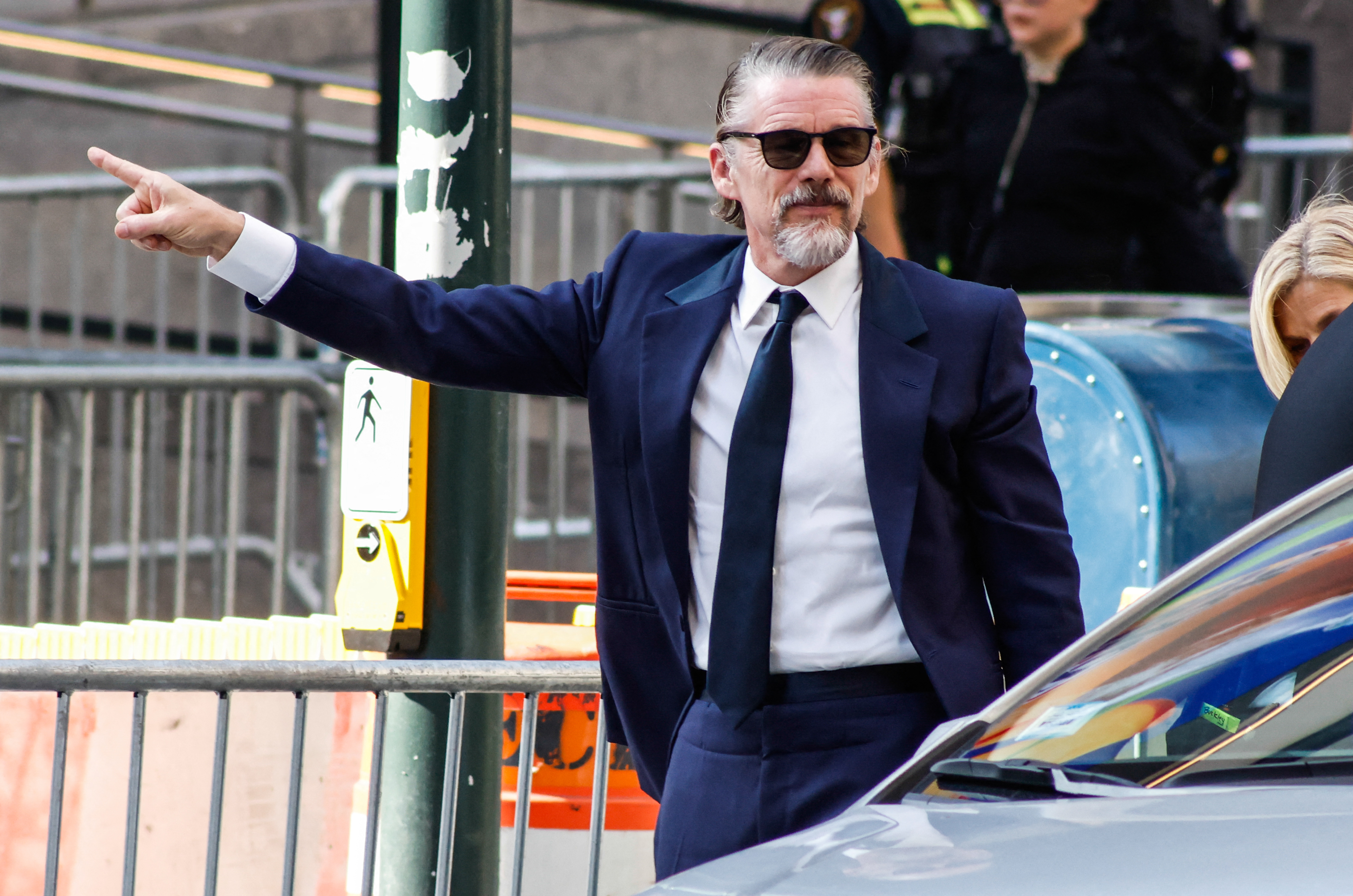 Ethan Hawke also showed up in a blue suit for the star-studded wedding. | Source: Getty Images