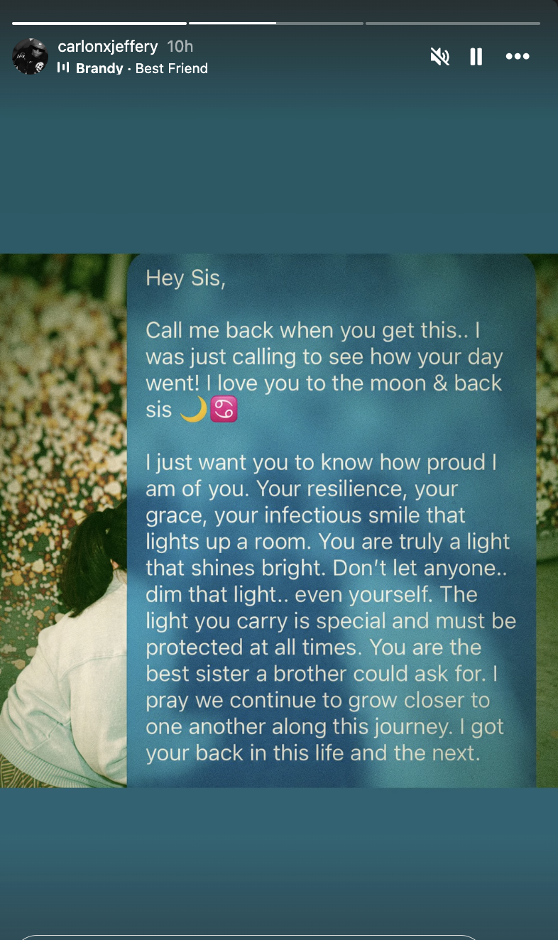 Carla Jeffery’s twin brother, Carlon Jeffery, shared a deeply personal message to his sister, recalling her resilience, grace and “infectious smile” while telling her, “You are truly a light that shines bright.” | Source: Instagram/carlonxjeffery