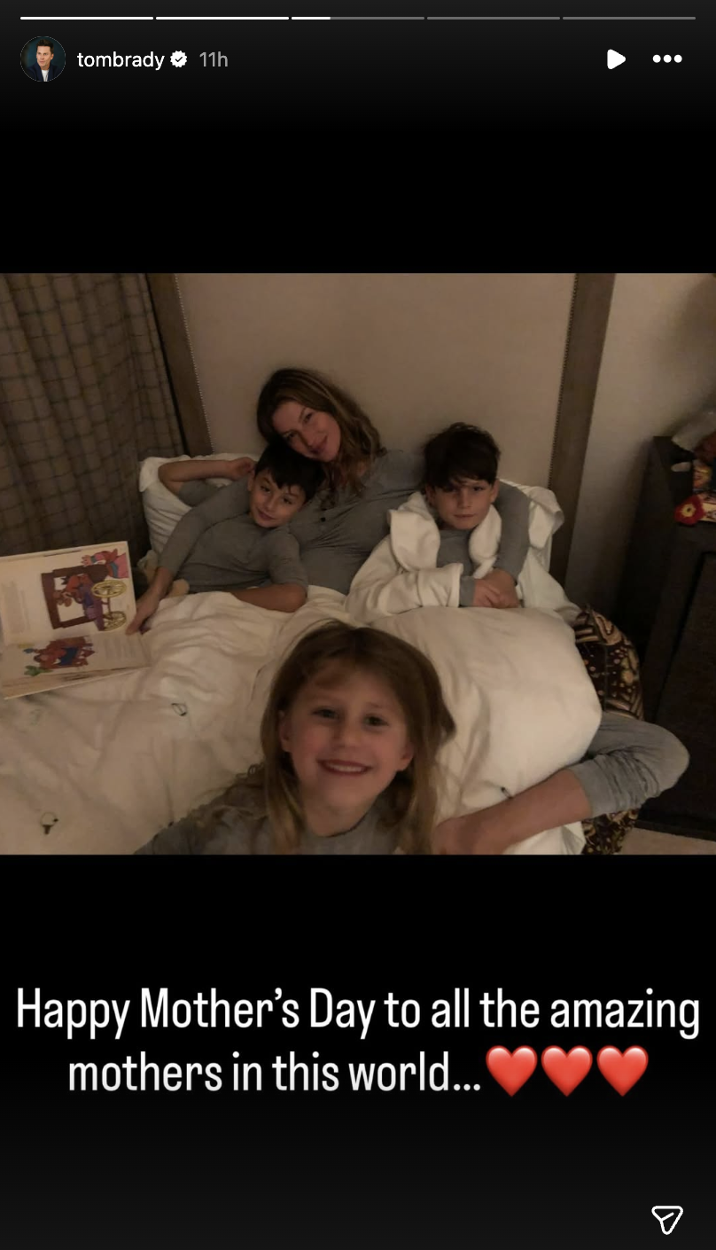 Gisele Bündchen cuddles with Jack, Benjamin, and Vivian in a cozy family moment shared by Tom Brady on Mother's Day | Source: Instagram/tombrady