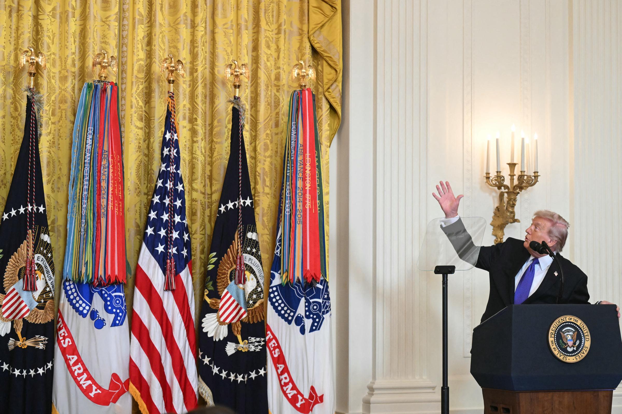Donald Trump speaks during a Medal of Honor Ceremony in the East Room of the White House on March 2, 2026, in Washington, DC | Source: Getty Images