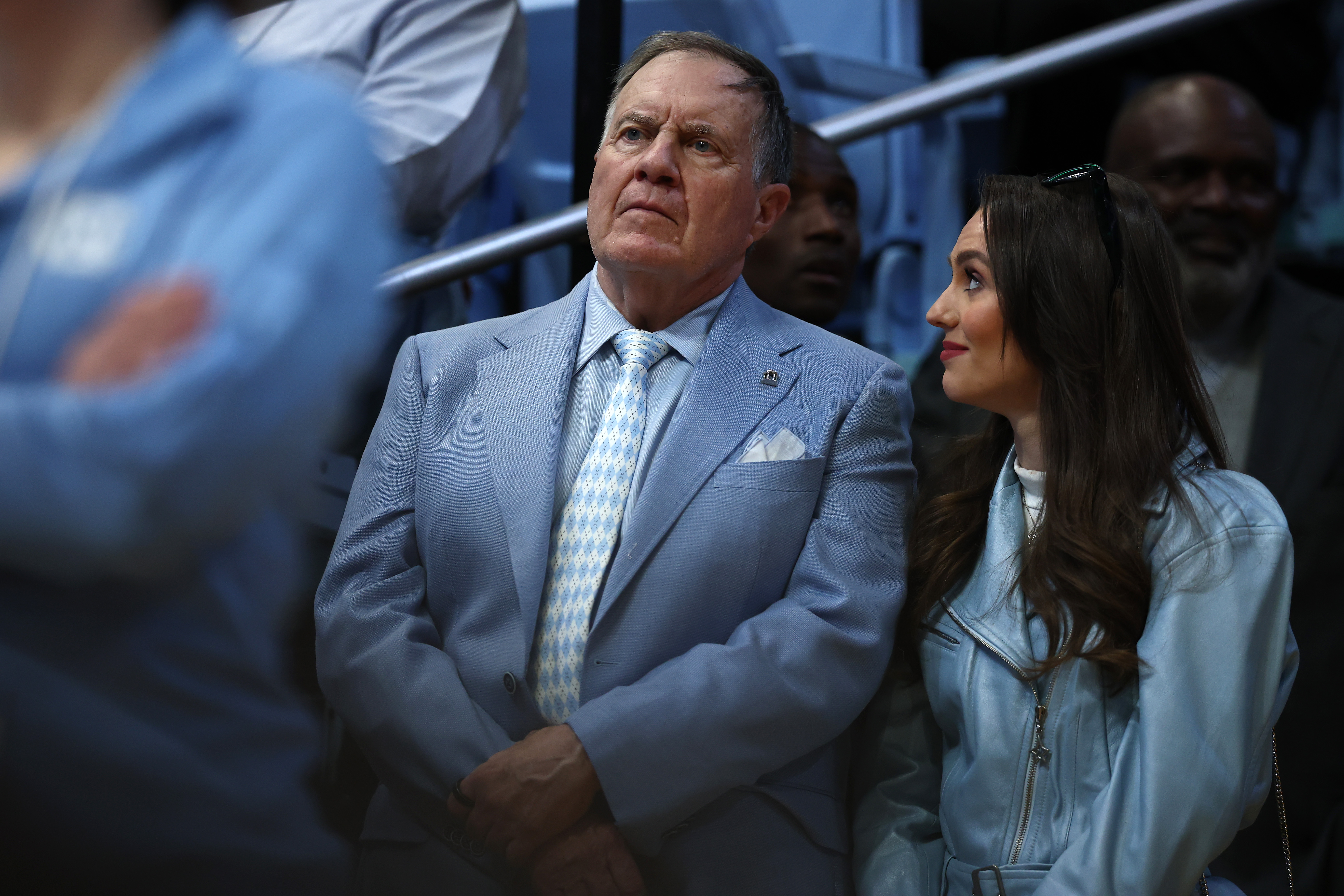 Bill Belichick and Jordon Hudson during the first half of the game between the North Carolina Tar Heels and the Duke Blue Devils at Dean E. Smith Center on March 8, 2025, in Chapel Hill, North Carolina. | Source: Getty Images
