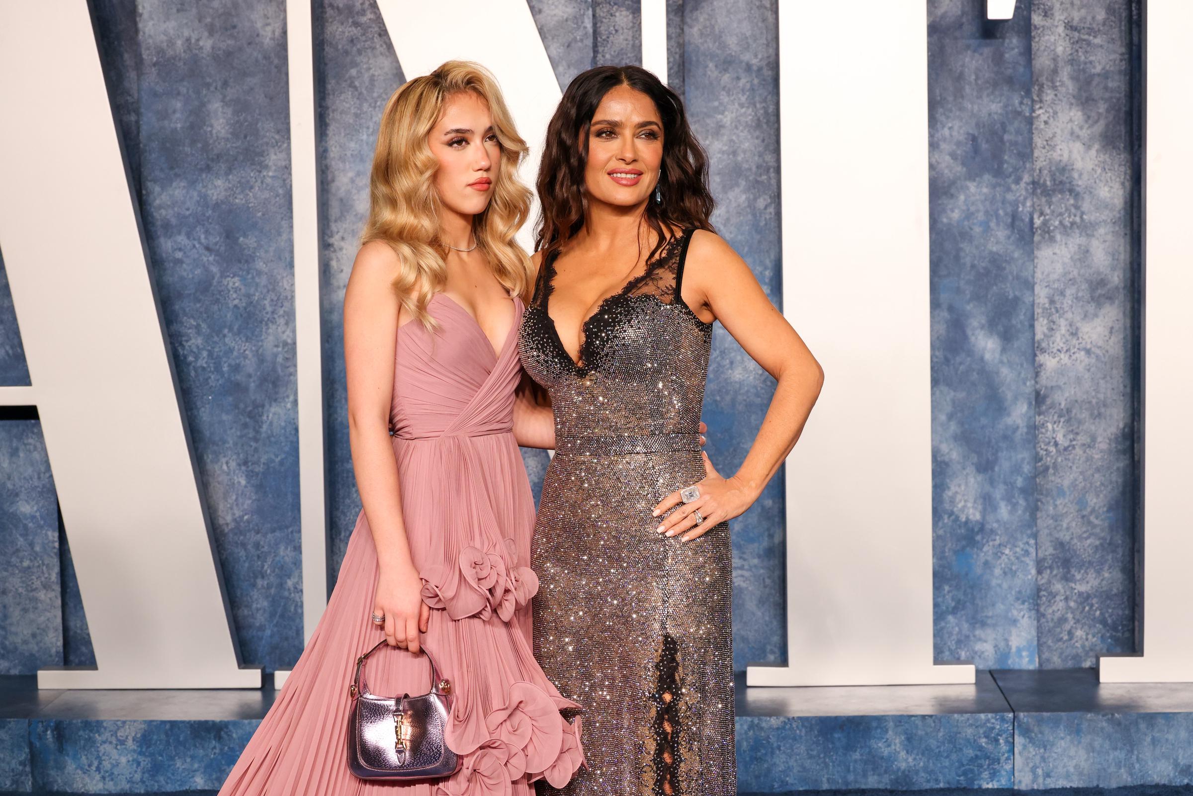The Vanity Fair Oscar Party gave Valentina another chance to show her own taste. Her blush gown contrasted with Salma's silver-and-black dress, supporting her earlier point that she borrows from her mother's closet but still chooses her own look. | Source: Getty Images