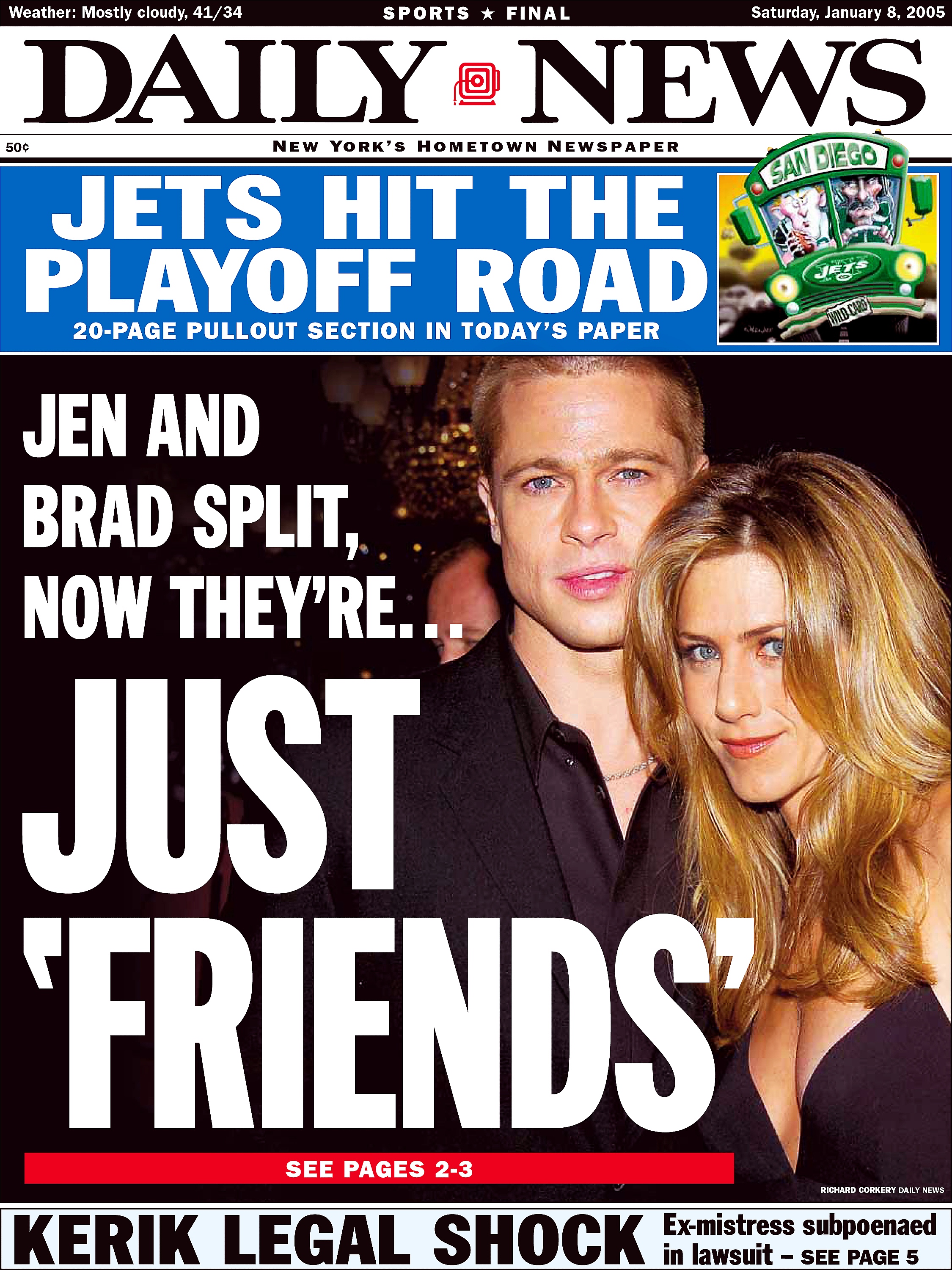 A New York Daily News front page announces Brad Pitt and Jennifer Aniston's split, featuring a large portrait of the former couple together across the newspaper cover.