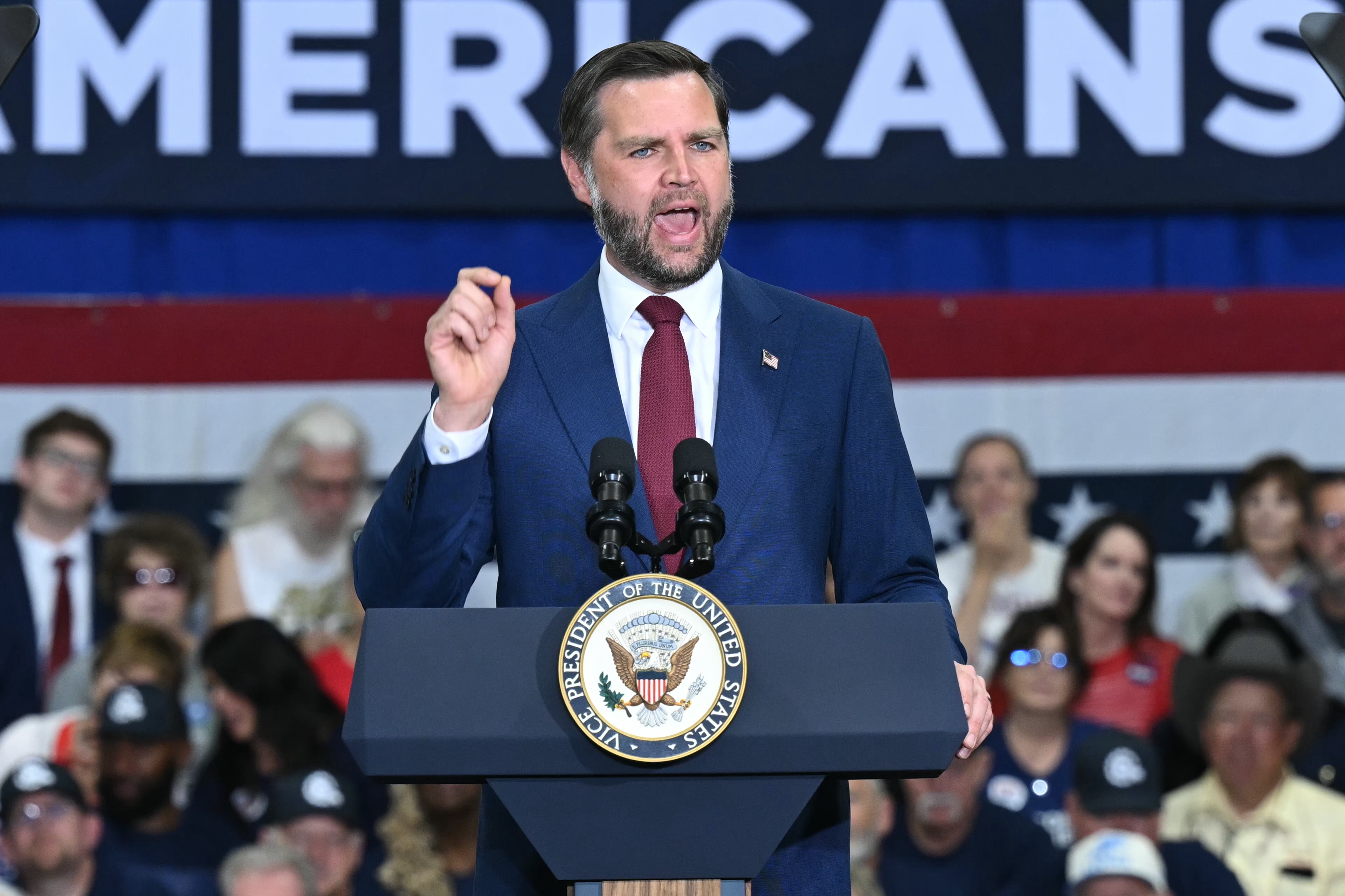 Vice President JD Vance speaks at a MAGA Inc. Super PAC event on August 31, 2026 in Sterling Heights, Michigan. | Source: Getty Images