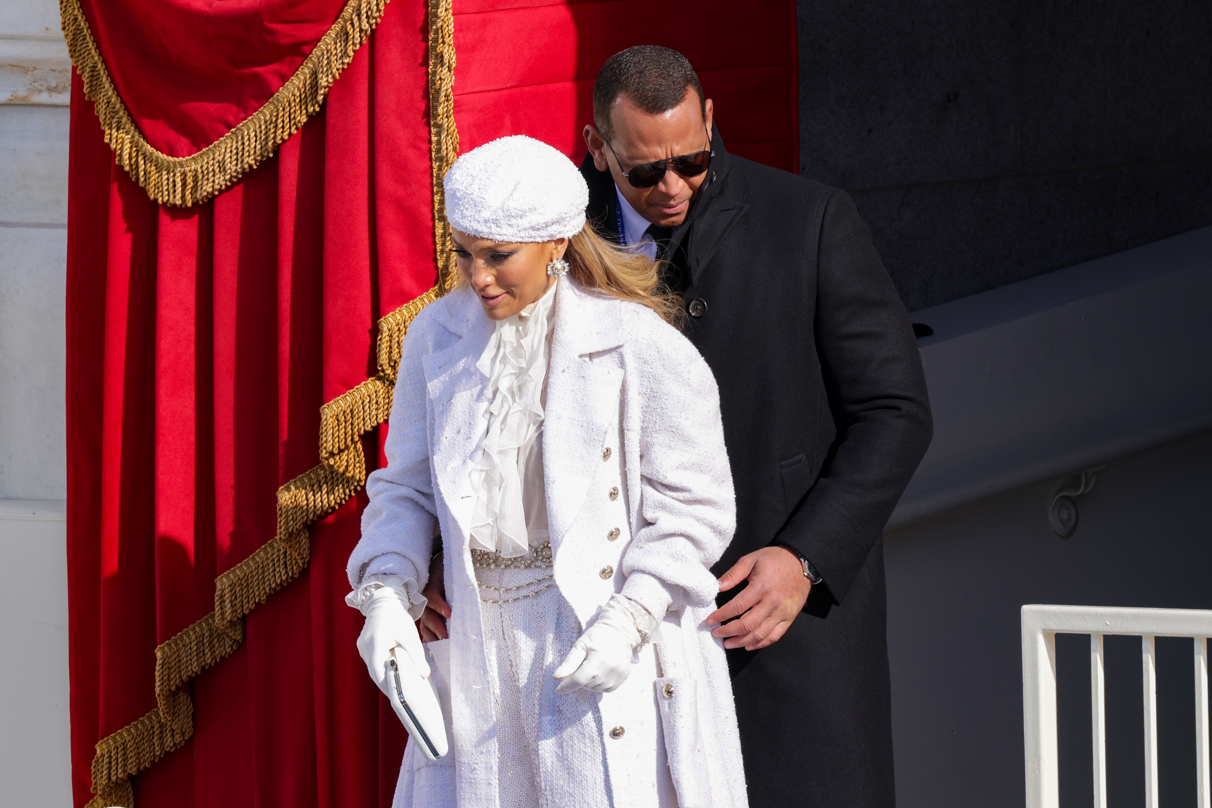 Jennifer Lopez and Alex Rodriguez depart the inauguration of U.S. President Joe Biden on January 20, 2021, in Washington, D.C. | Source: Getty Images