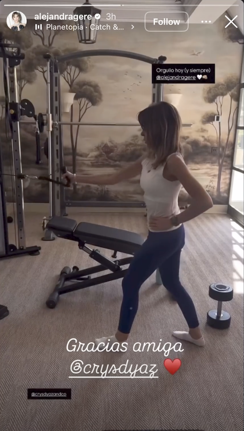 Alejandra Silva exercises in the home's private gym, which features strength-training equipment, free weights, and a mural-inspired wall design. | Source: Instagram/alejandragere
