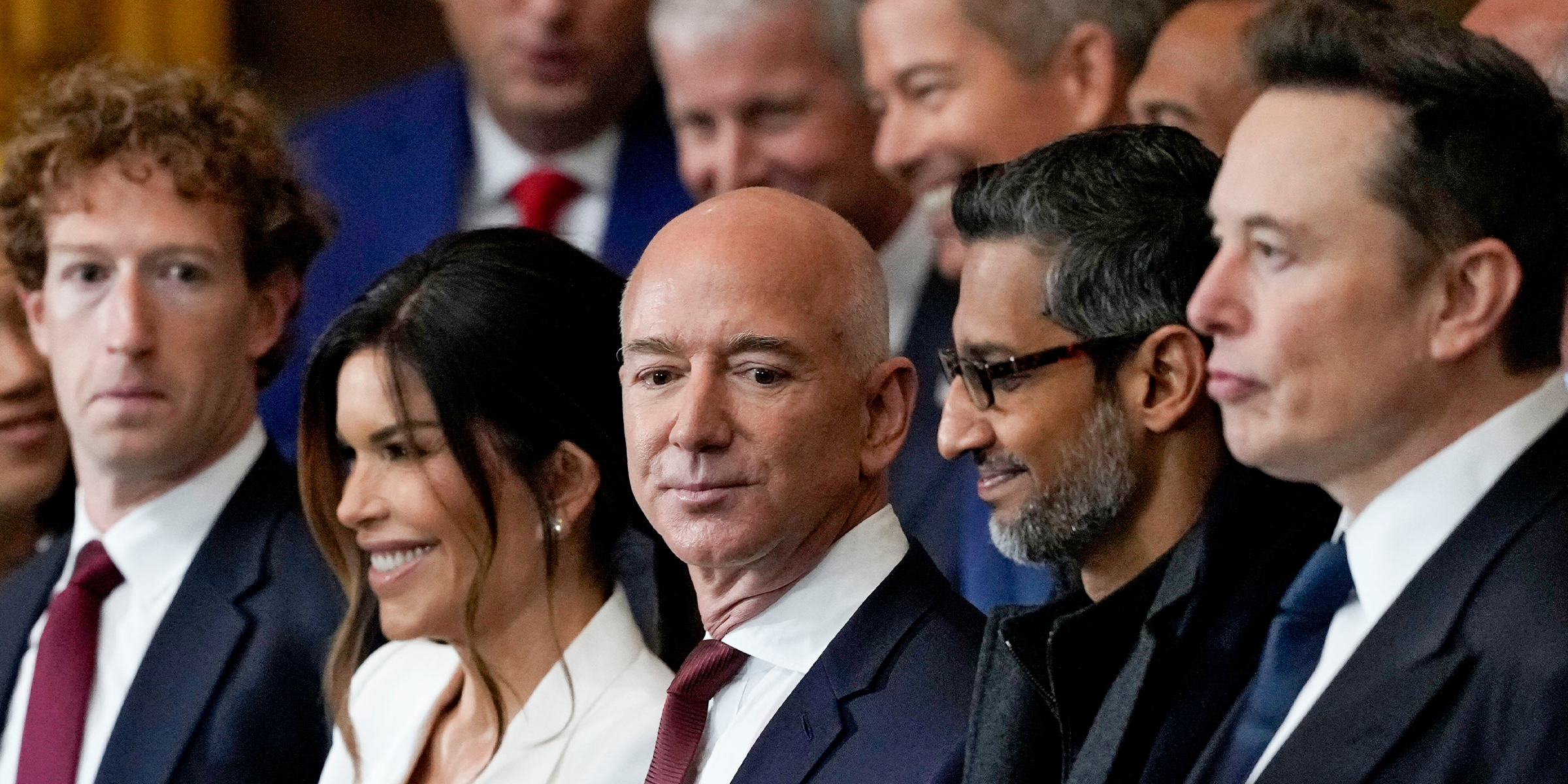 Mark Zuckerberg, Lauren Sanchez, Jeff Bezos, Sundar Pichai and Elon Musk | Source: Getty Images