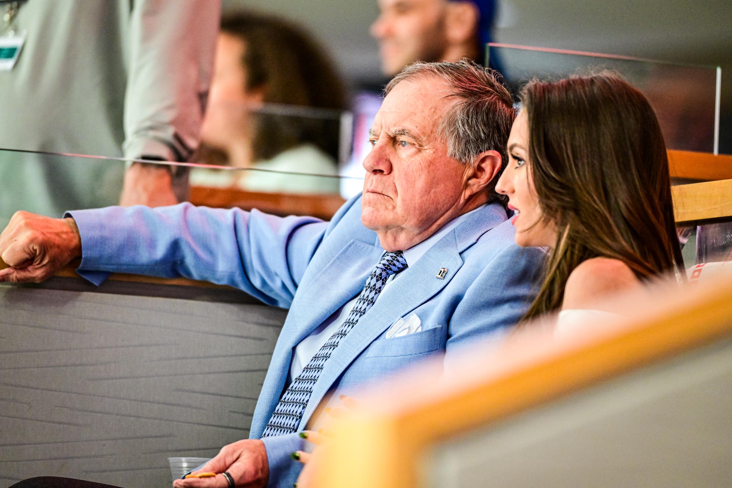 Bill Belichick and Jordon Hudson at Game Two of the First Round of the 2025 Stanley Cup Playoffs between the Carolina Hurricanes and the New Jersey Devils at Lenovo Center on April 22, 2025, in Raleigh, North Carolina. | Source: Getty Images